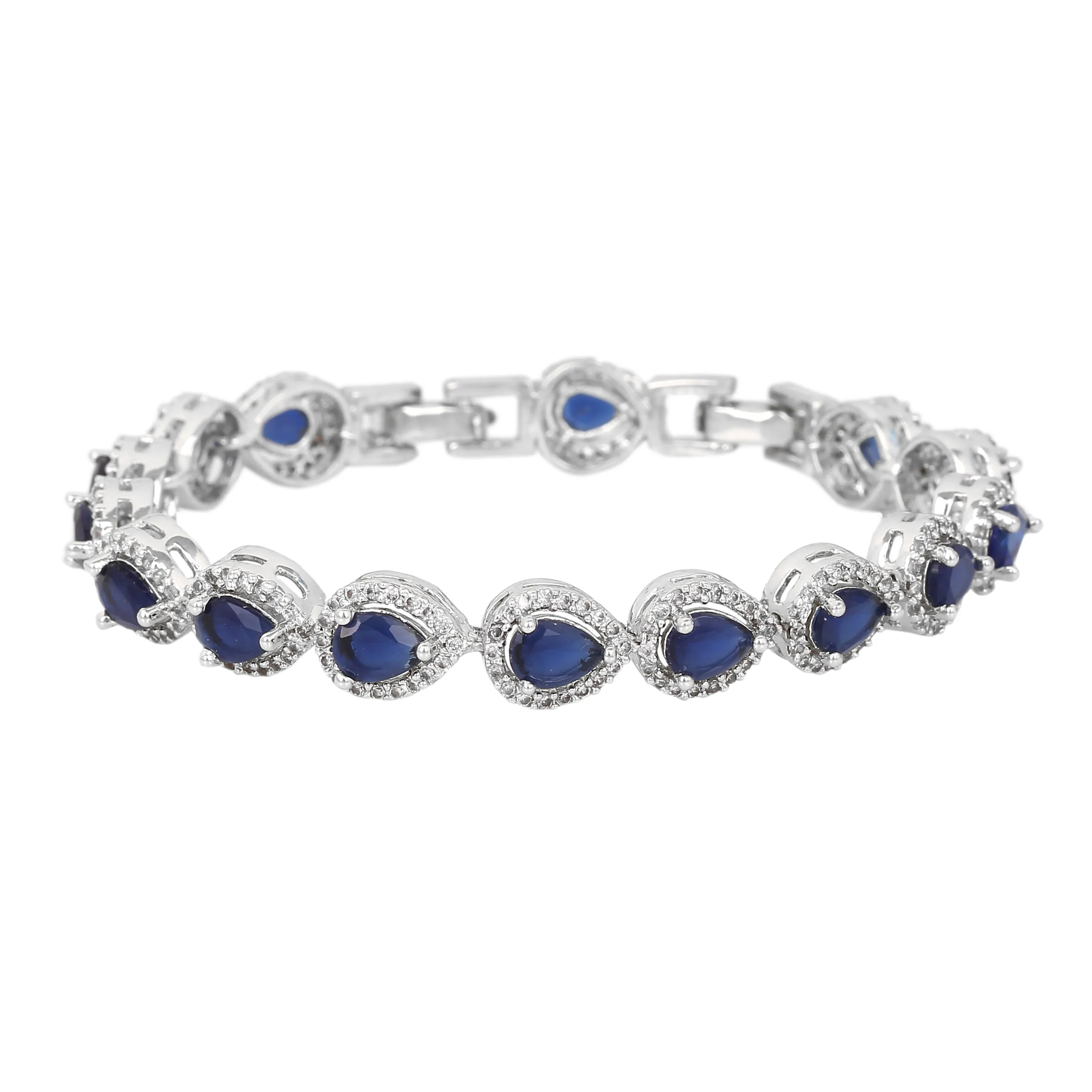 Estele Rhodium Plated CZ Drop Designer Charm Bracelet with Blue American Diamonds for Women