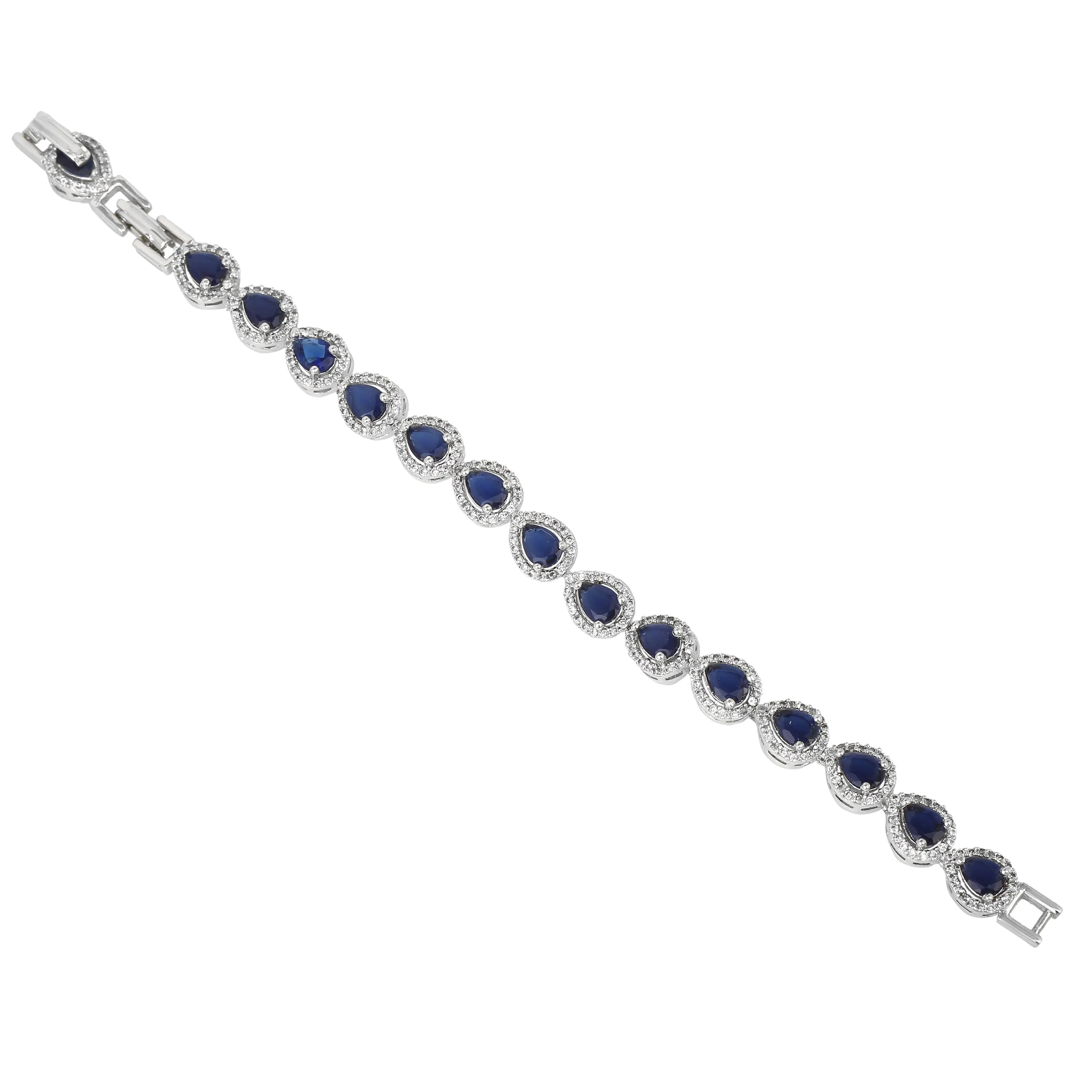 Estele Rhodium Plated CZ Drop Designer Charm Bracelet with Blue American Diamonds for Women