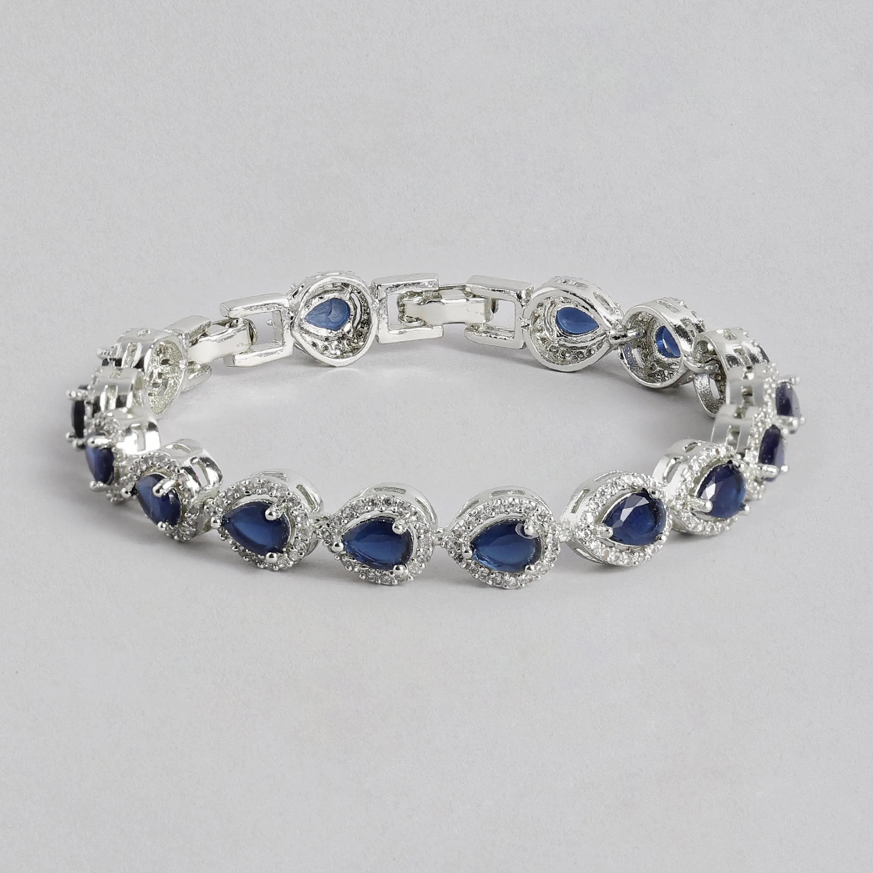 Estele Rhodium Plated CZ Drop Designer Charm Bracelet with Blue American Diamonds for Women