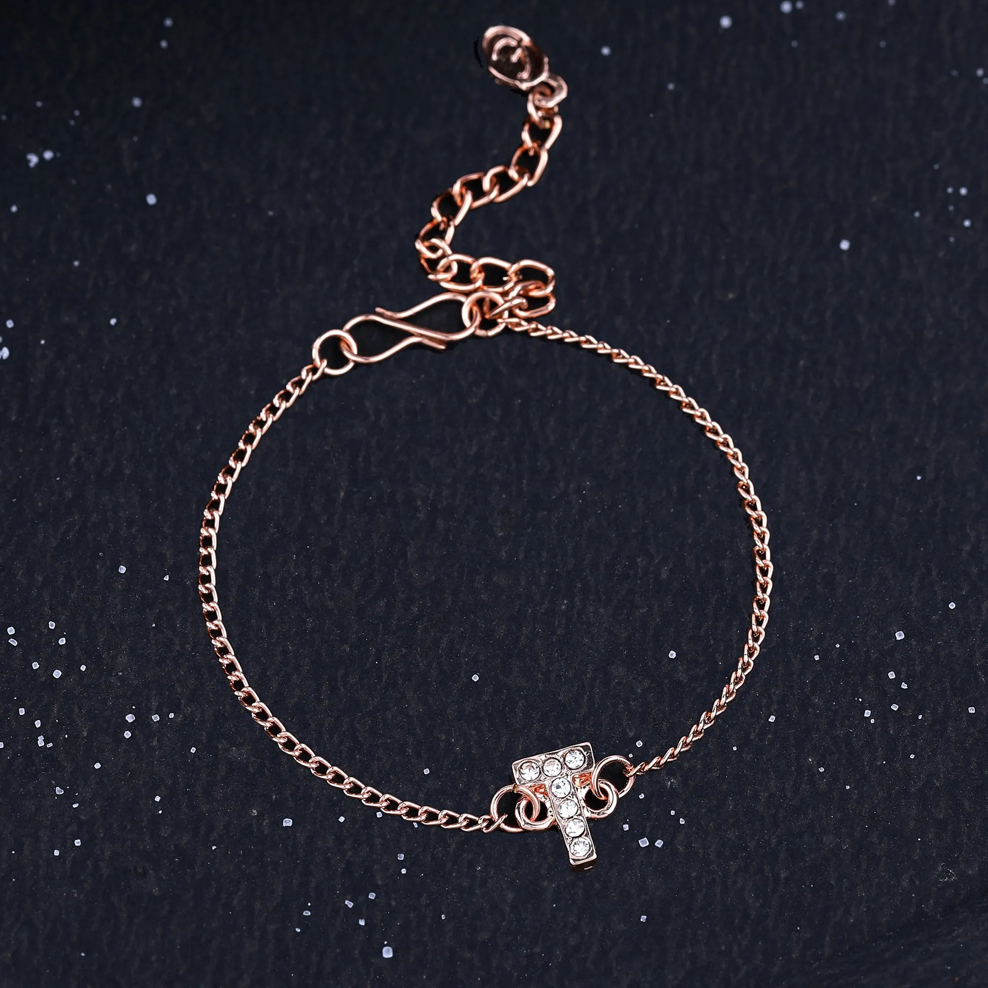 Estele Rose Gold Plated Captivating Medium 'T' Letter Bracelet with Crystals for Women