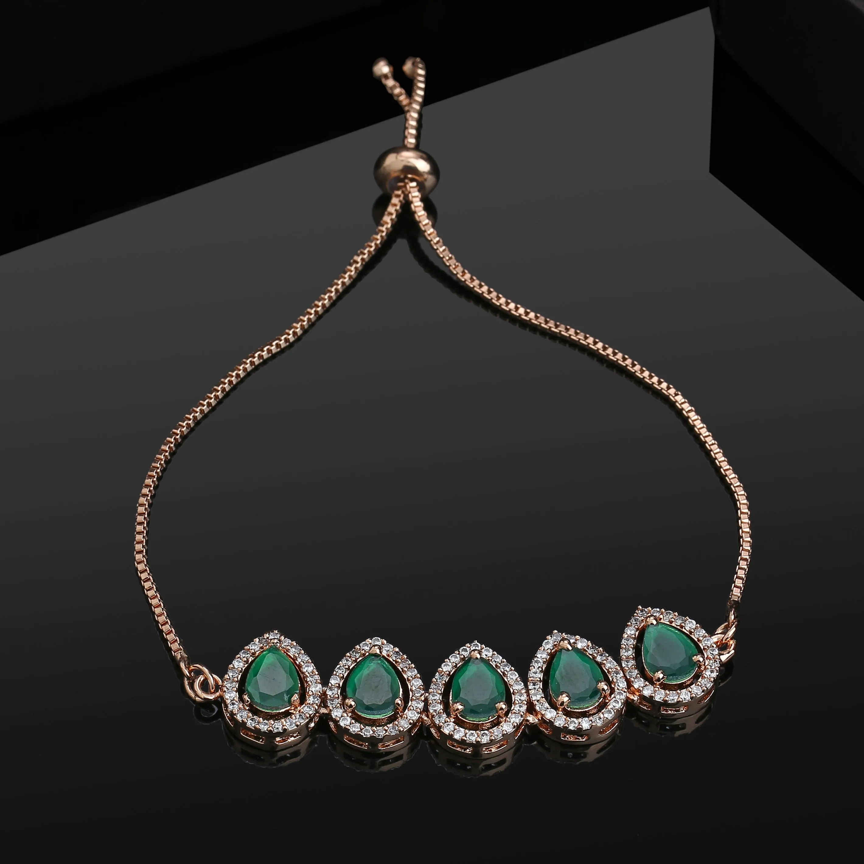 Estele Rose Gold Plated CZ Precious Pears Bracelet with Emerald Crystals for Women