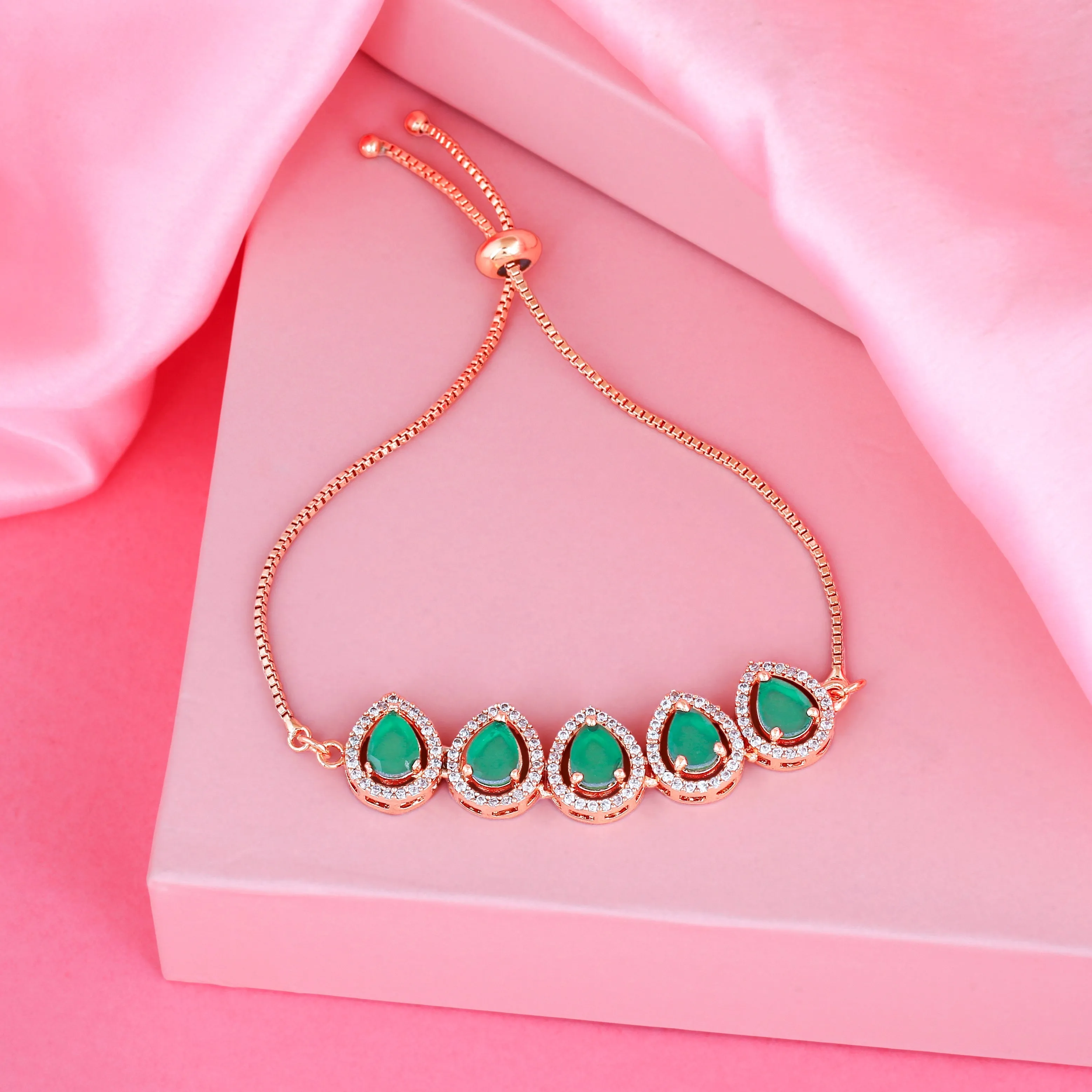 Estele Rose Gold Plated CZ Precious Pears Bracelet with Emerald Crystals for Women