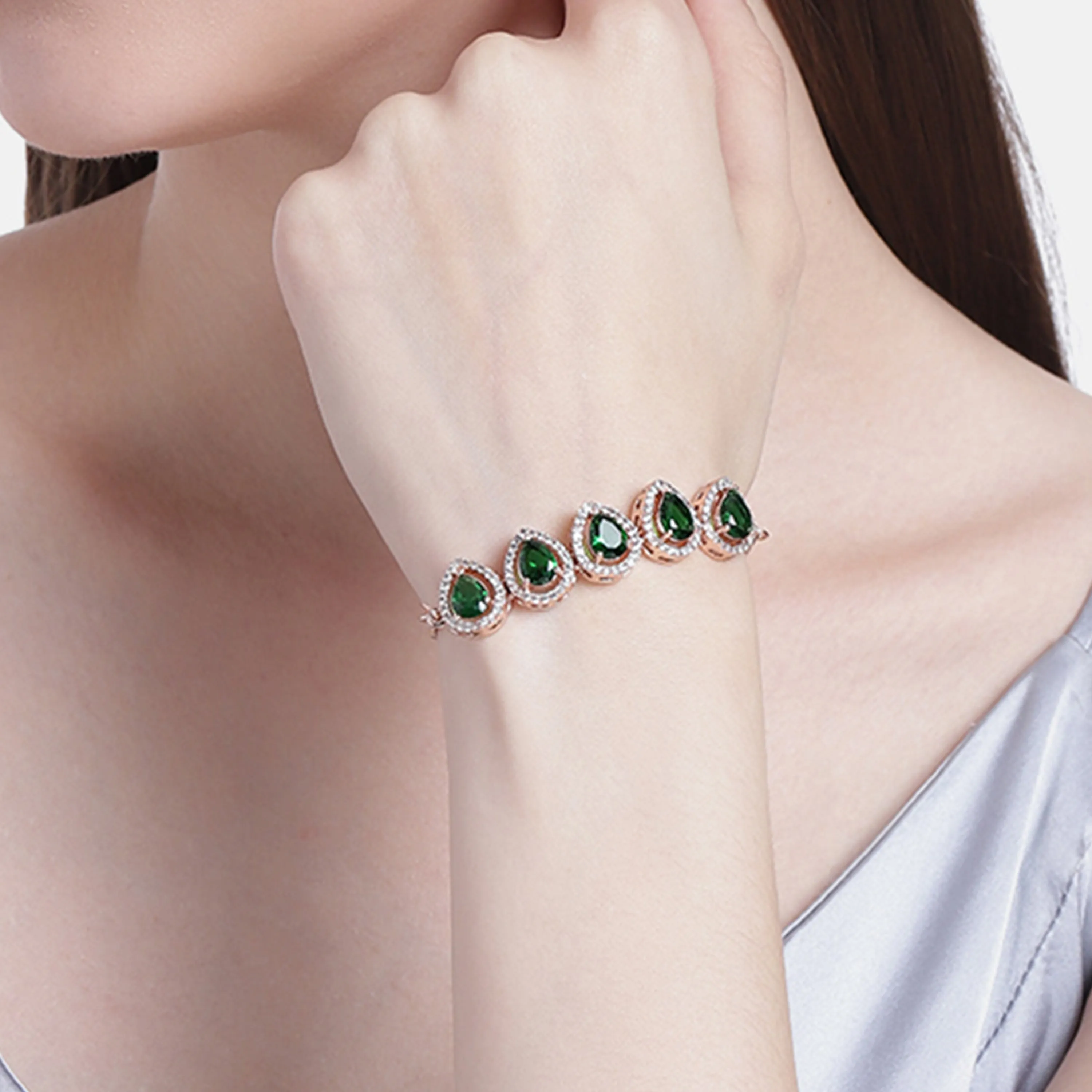 Estele Rose Gold Plated CZ Precious Pears Bracelet with Emerald Crystals for Women