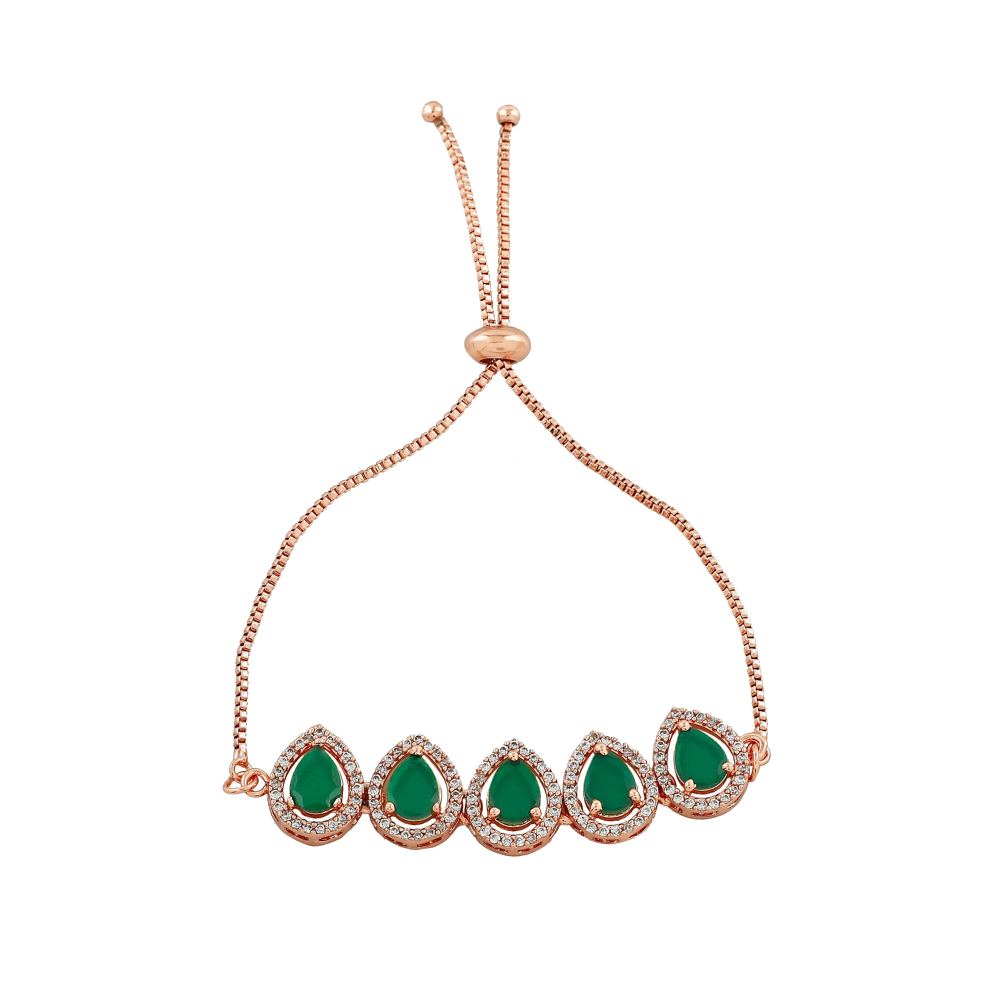 Estele Rose Gold Plated CZ Precious Pears Bracelet with Emerald Crystals for Women