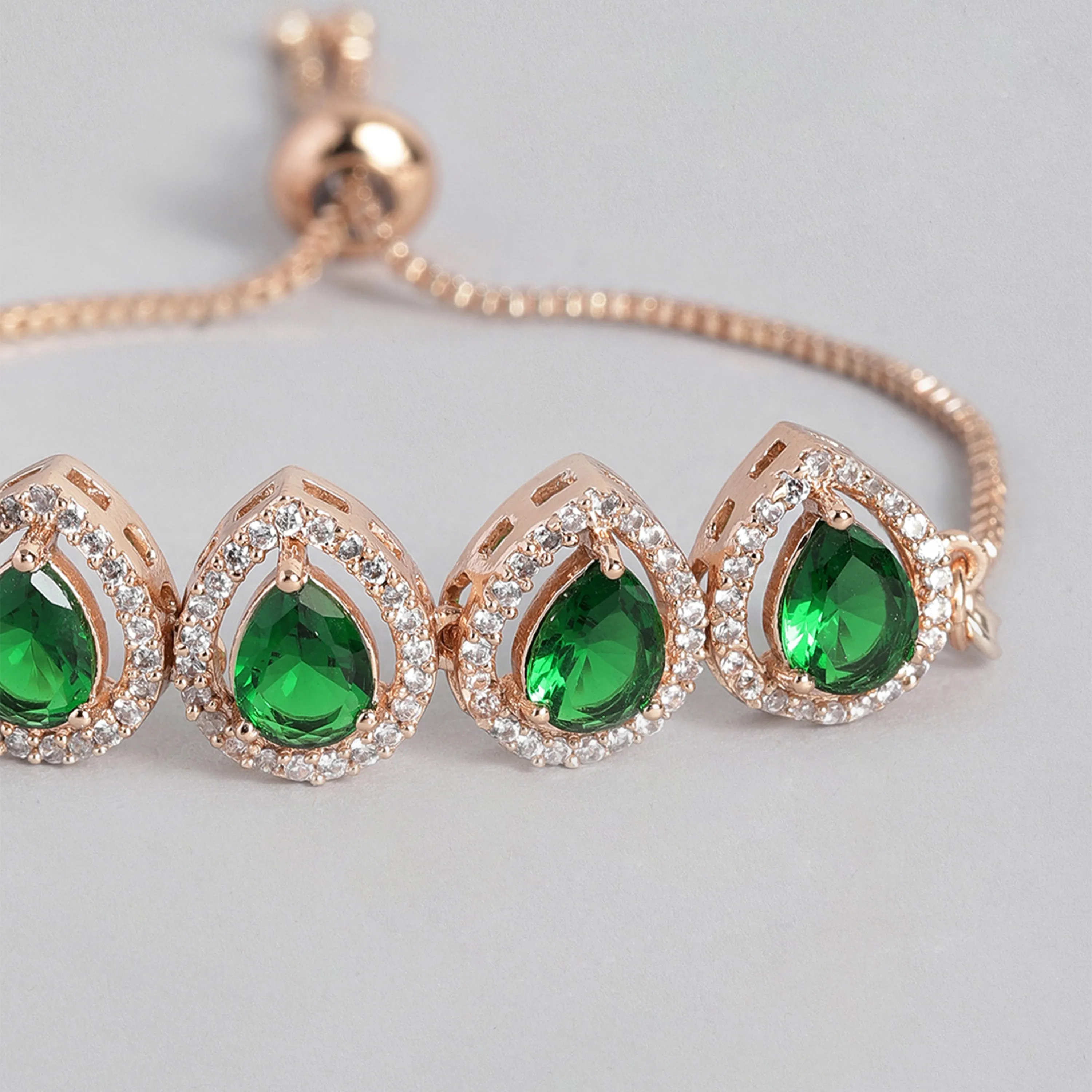 Estele Rose Gold Plated CZ Precious Pears Bracelet with Emerald Crystals for Women