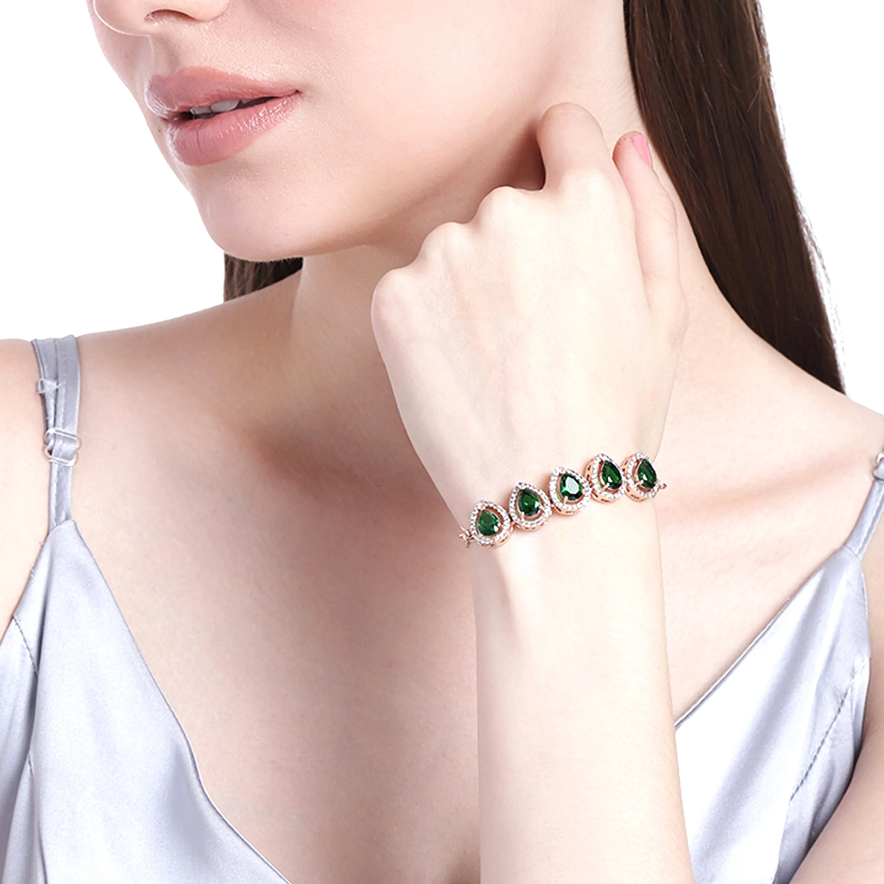 Estele Rose Gold Plated CZ Precious Pears Bracelet with Emerald Crystals for Women
