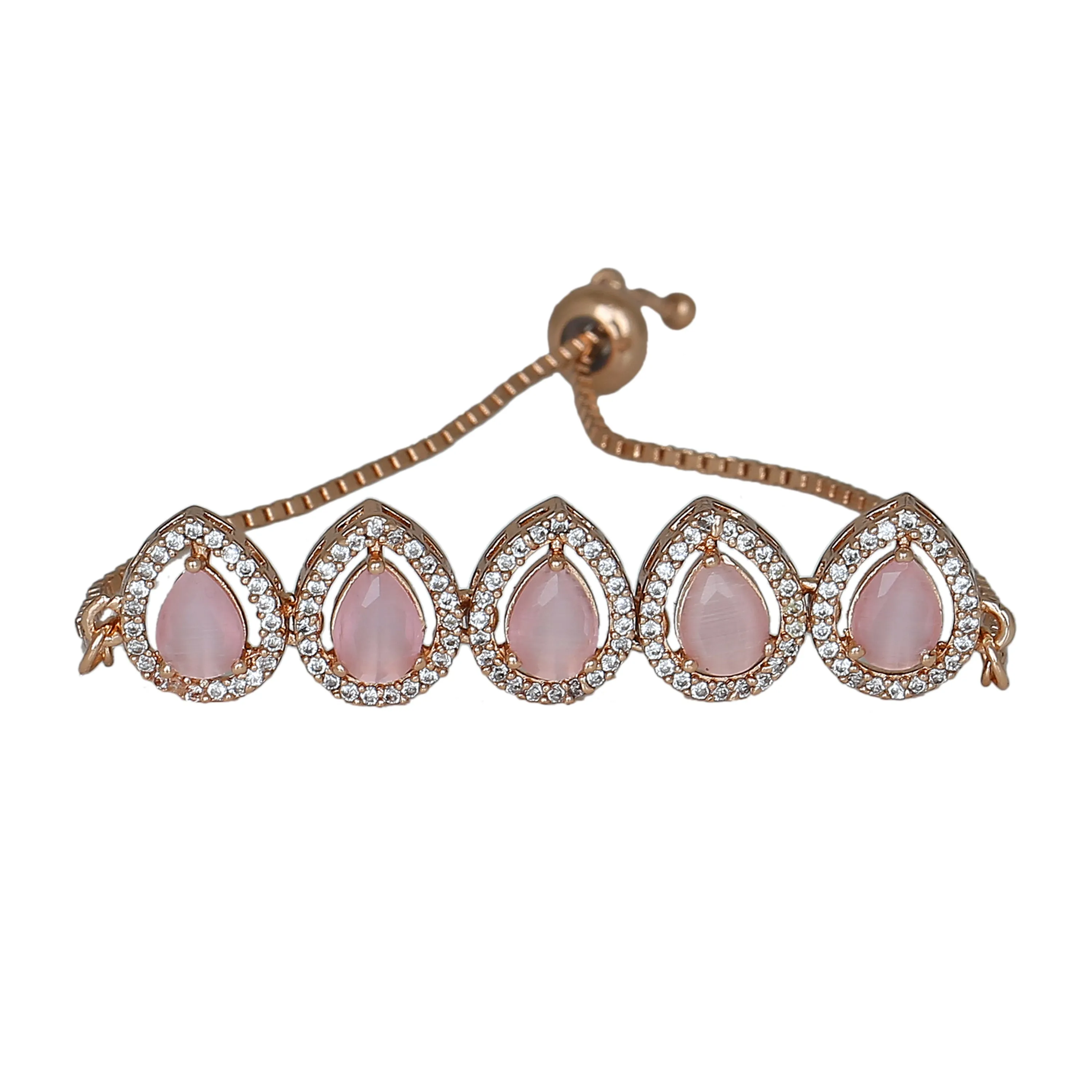 Estele Rose Gold Plated CZ Precious Pears Bracelet with Mint Pink Stones for Women