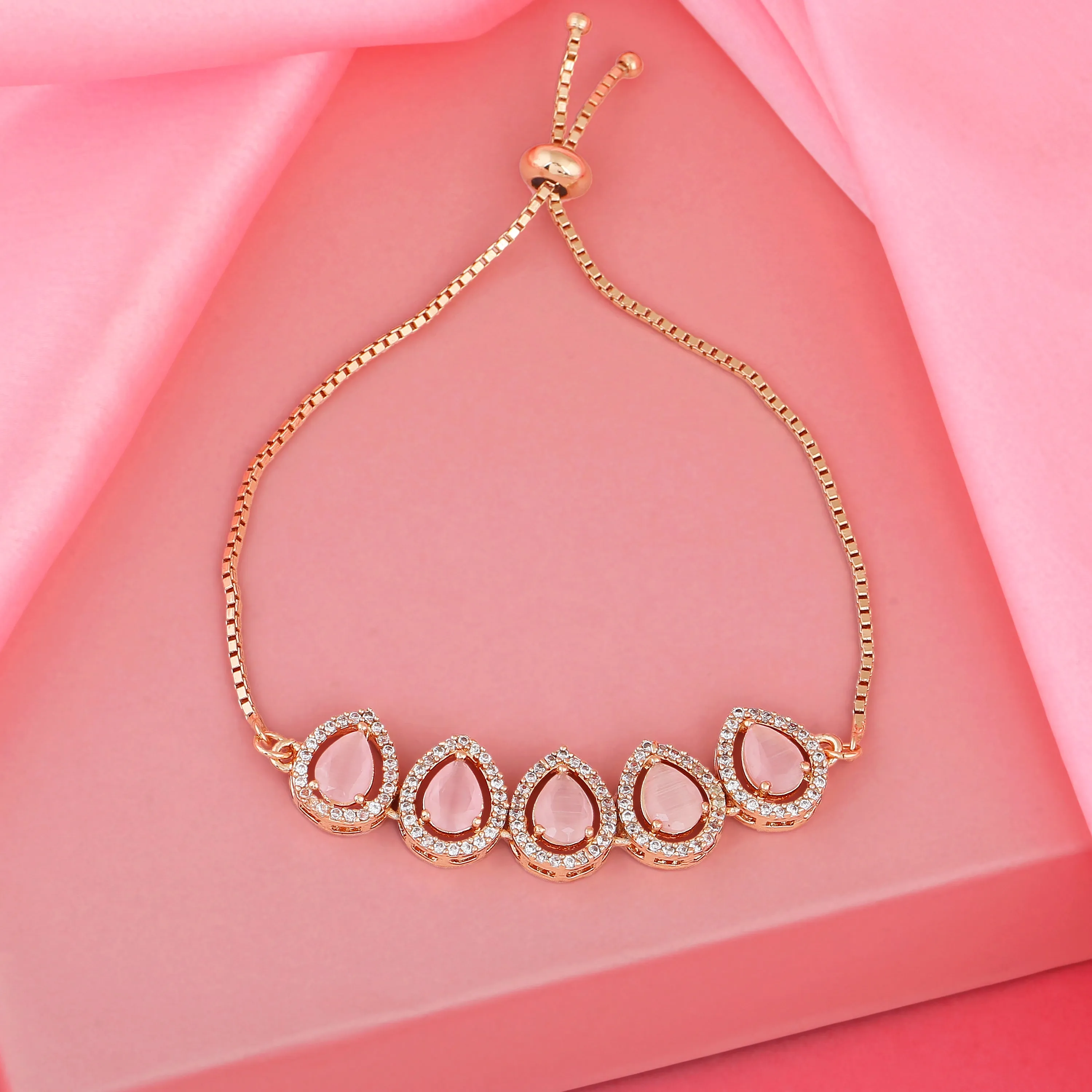 Estele Rose Gold Plated CZ Precious Pears Bracelet with Mint Pink Stones for Women