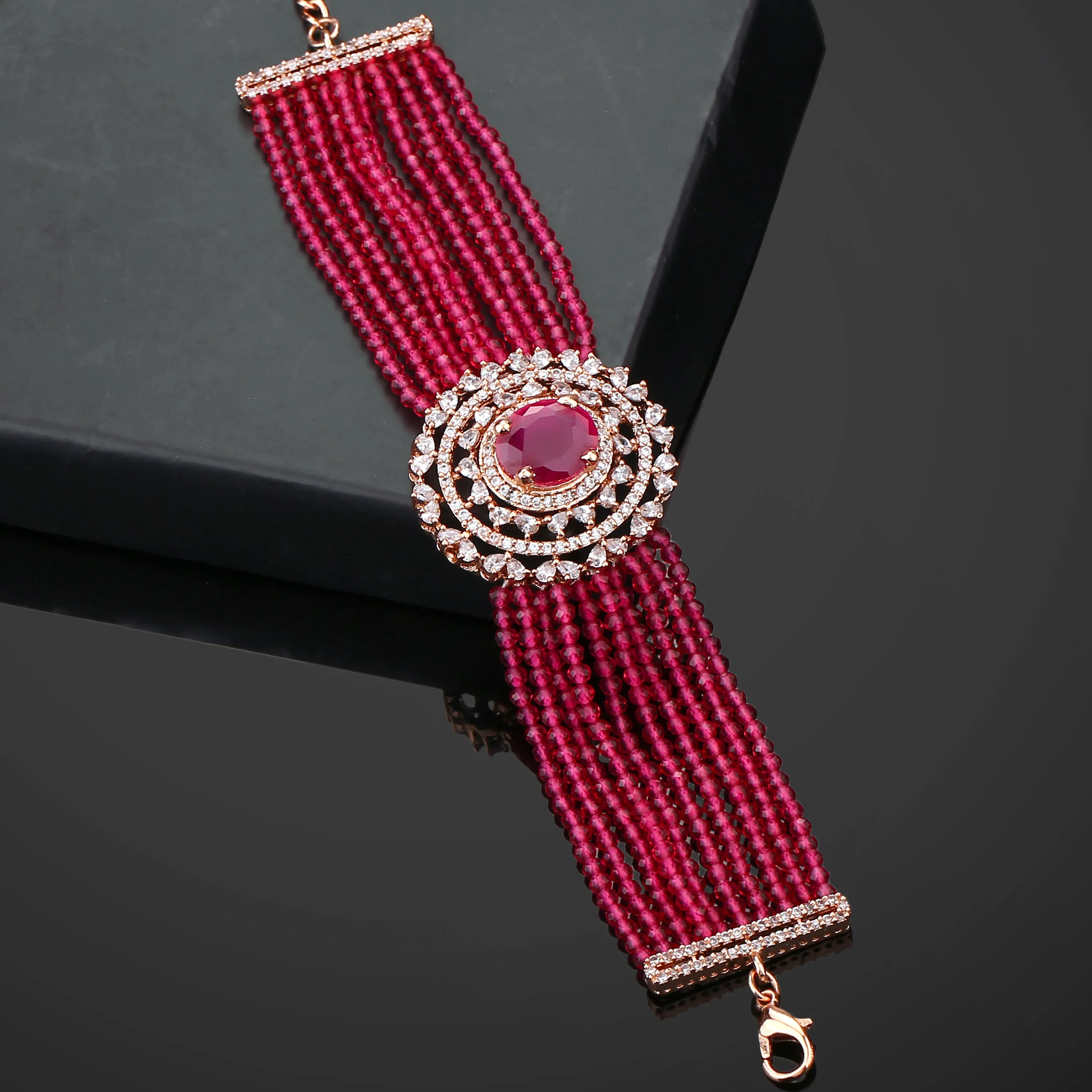 Estele Rosegold Plated CZ Gorgeous Multi-Layered Bracelet with Ruby Stones for Women