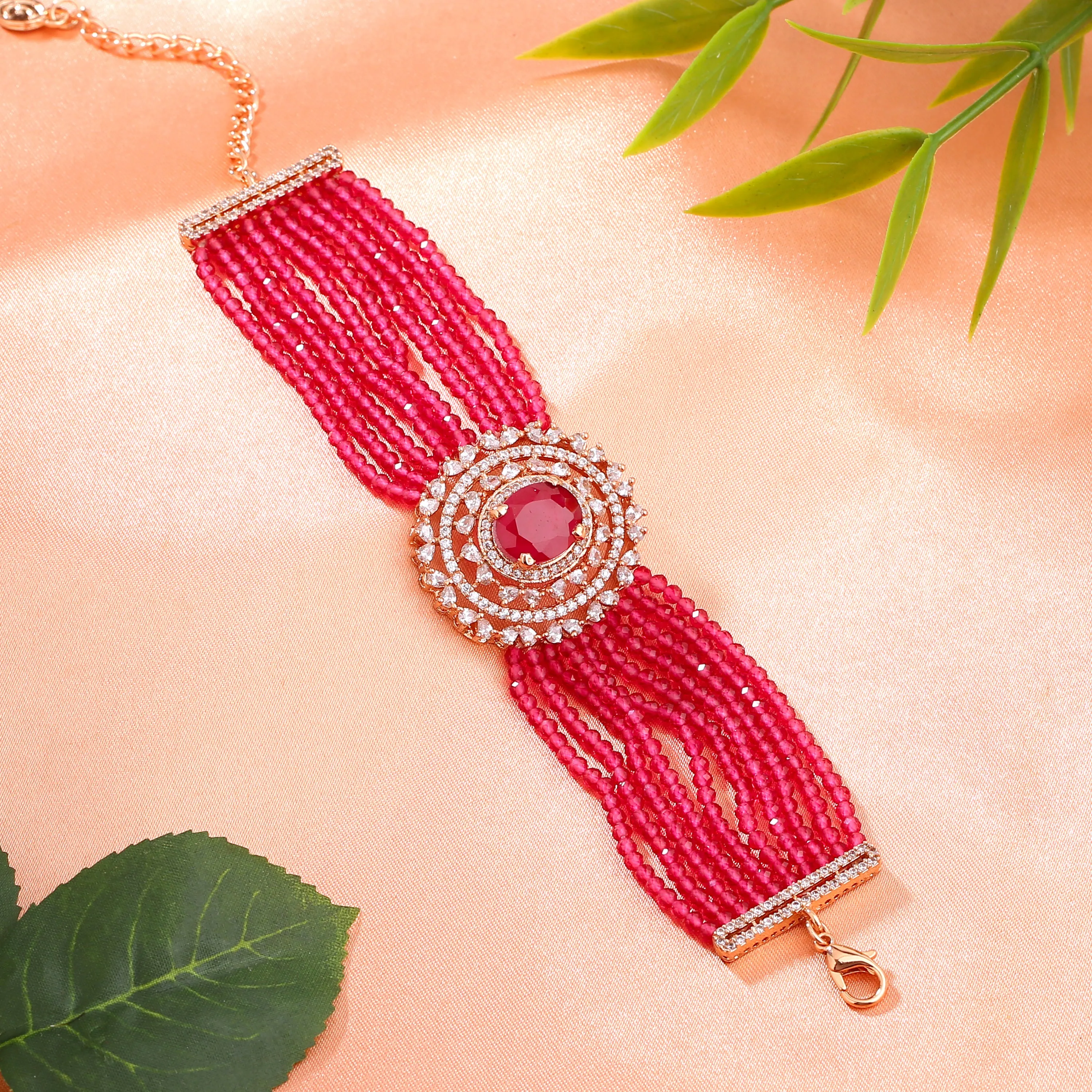 Estele Rosegold Plated CZ Gorgeous Multi-Layered Bracelet with Ruby Stones for Women