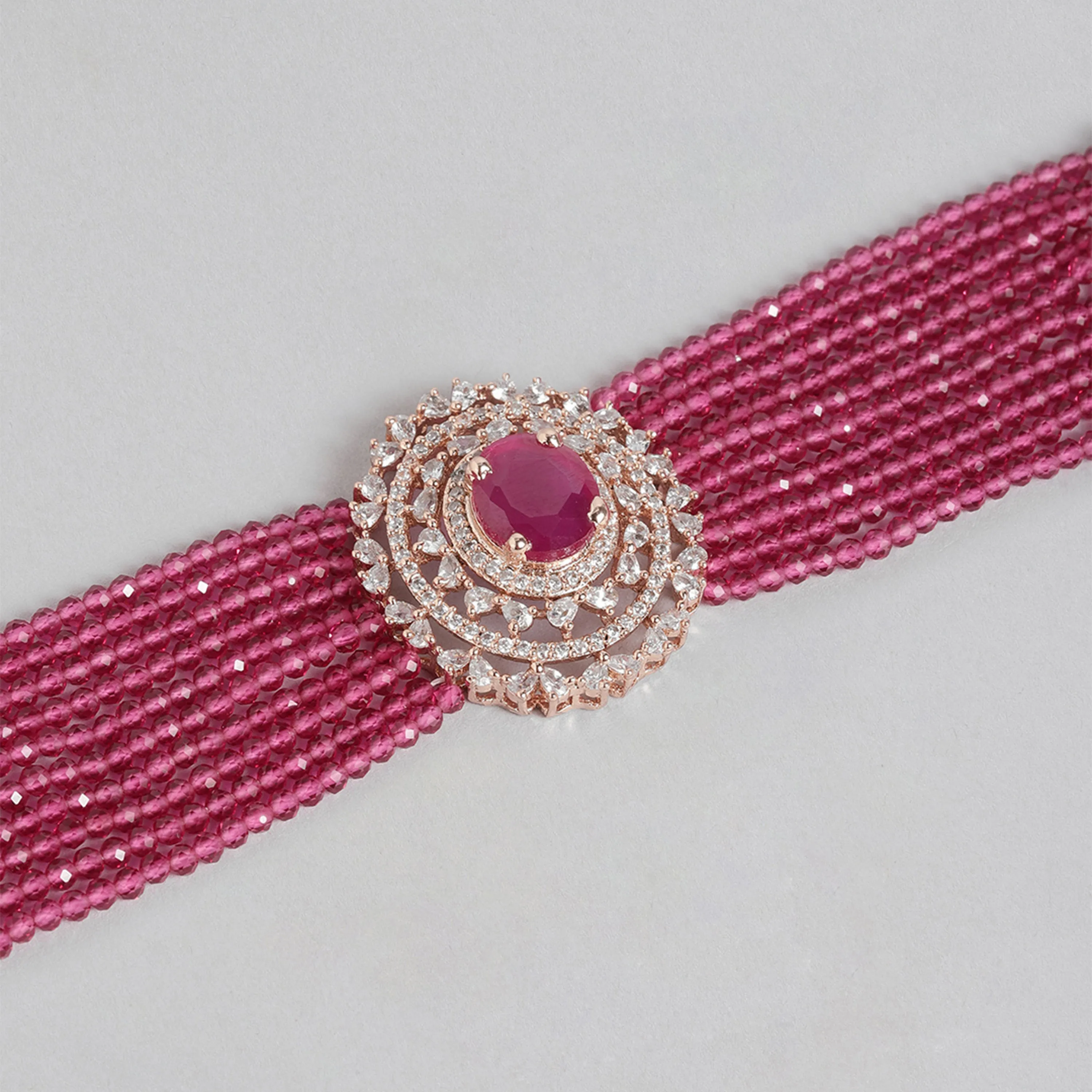 Estele Rosegold Plated CZ Gorgeous Multi-Layered Bracelet with Ruby Stones for Women