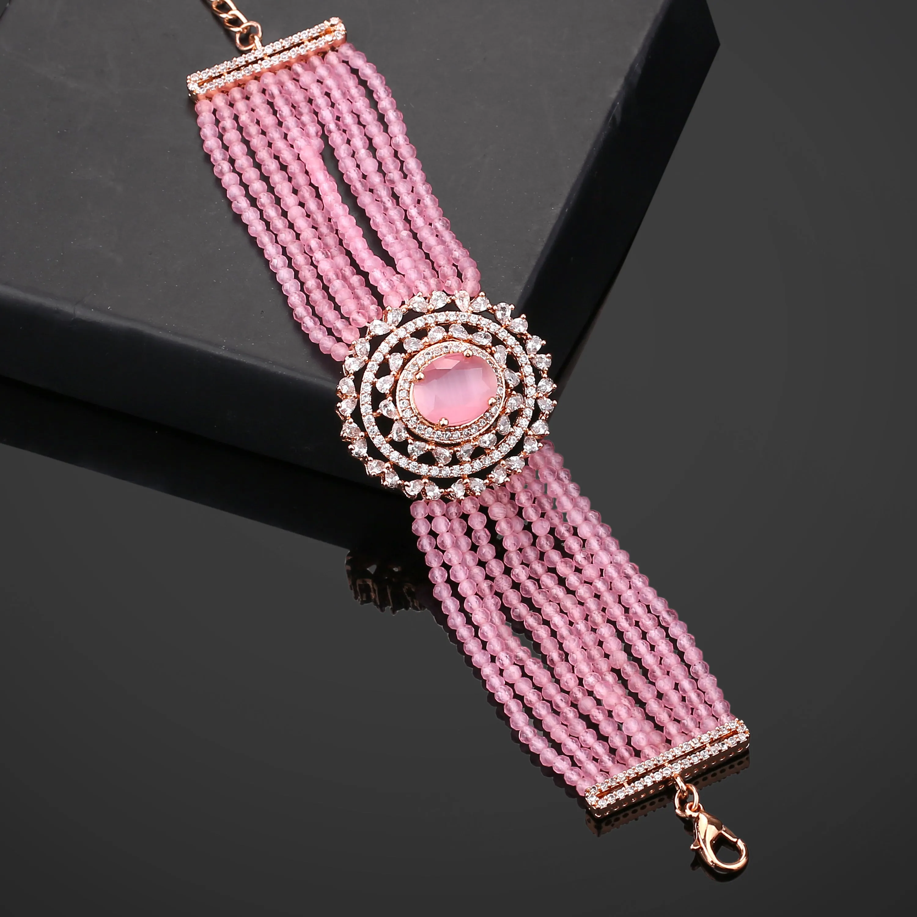 Estele Rosegold Plated CZ Sparkling Multi-Layered Bracelet with Mint Pink Stones for Women