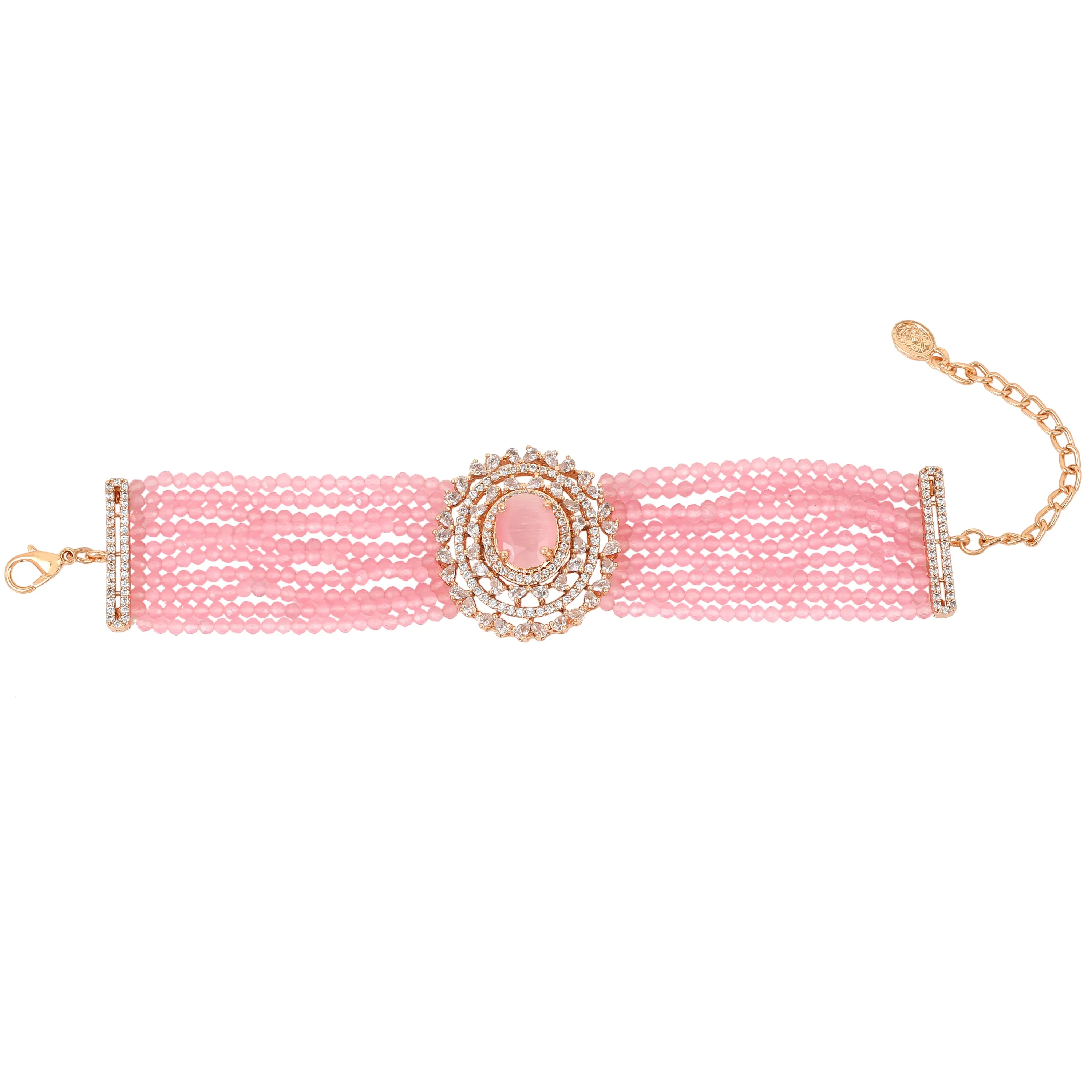Estele Rosegold Plated CZ Sparkling Multi-Layered Bracelet with Mint Pink Stones for Women