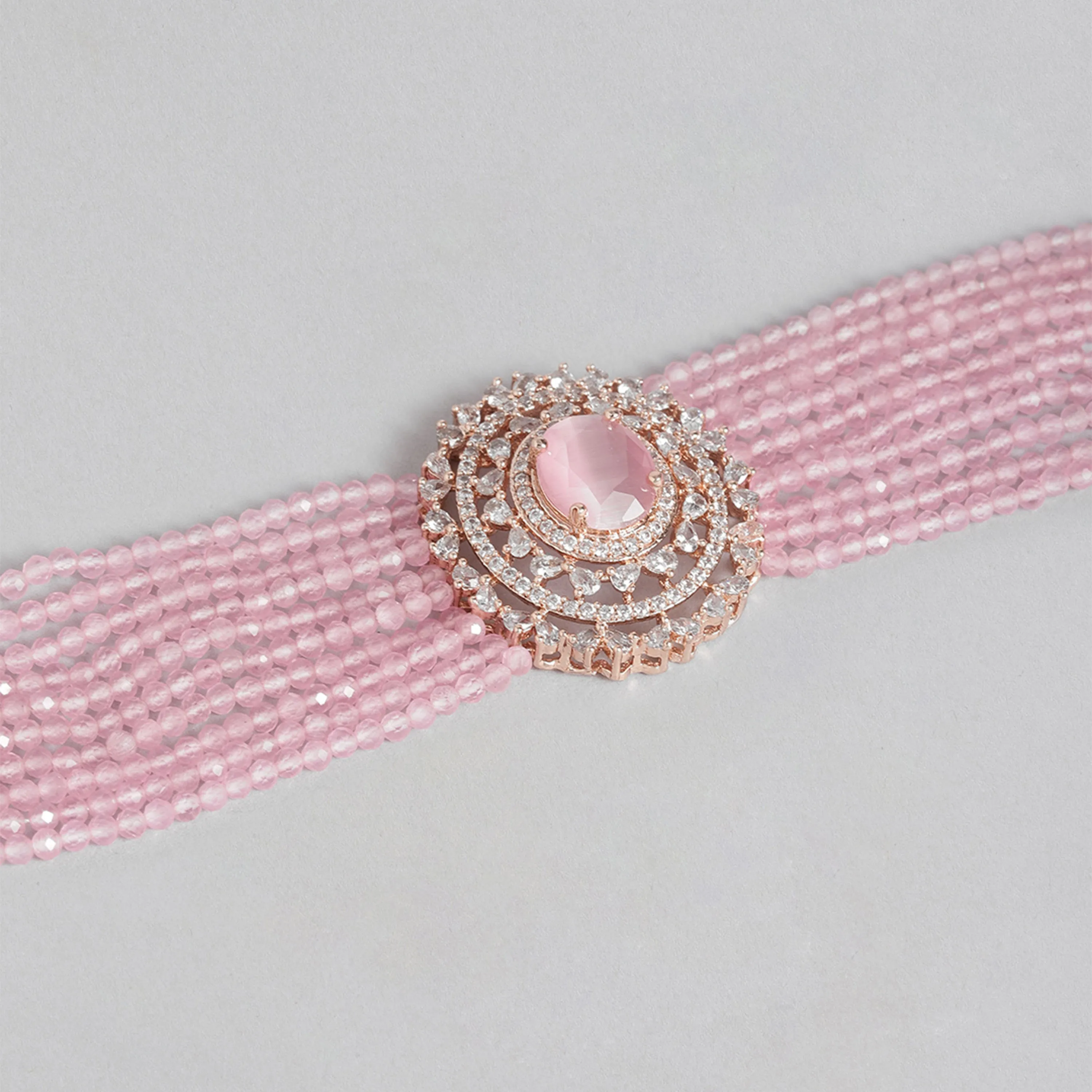 Estele Rosegold Plated CZ Sparkling Multi-Layered Bracelet with Mint Pink Stones for Women