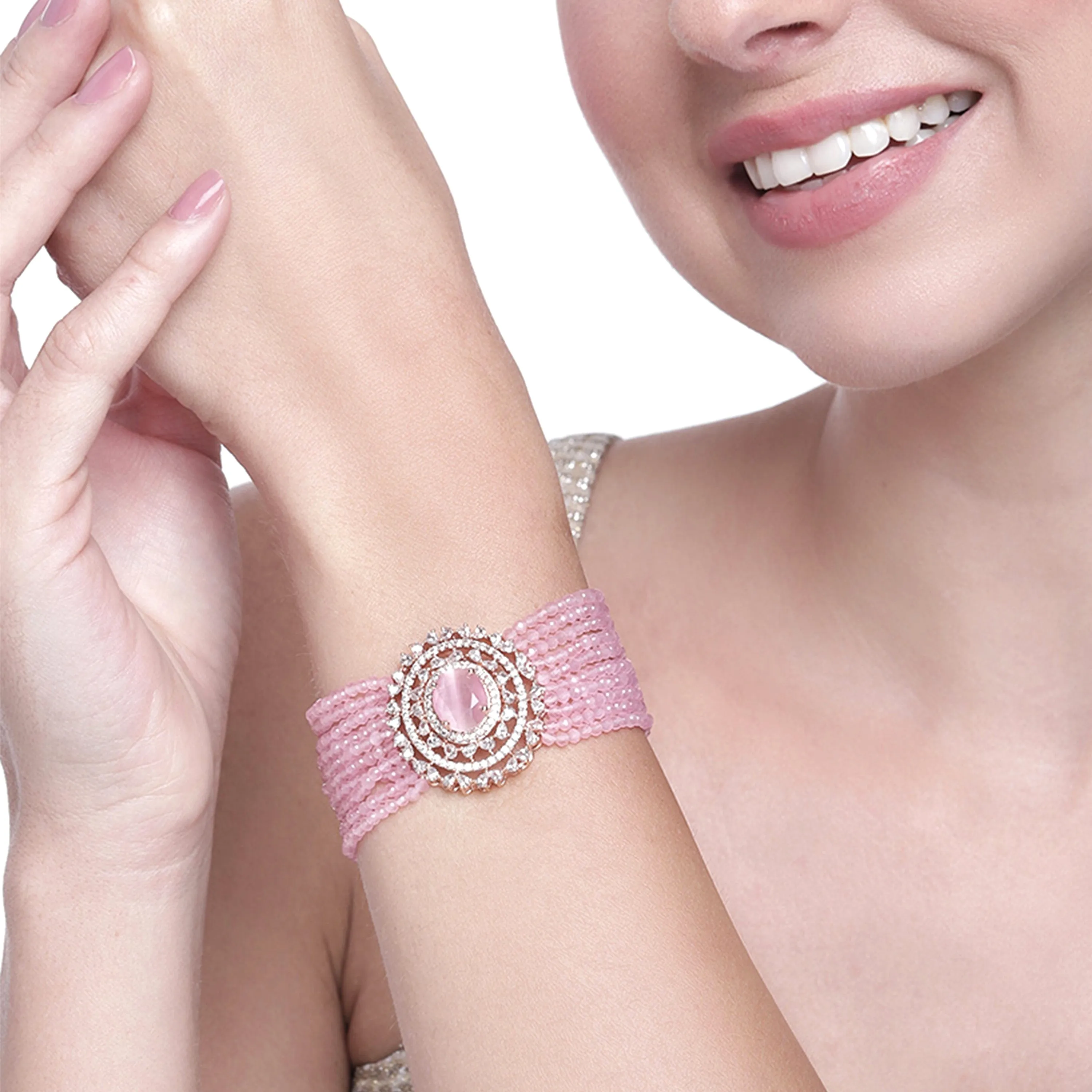 Estele Rosegold Plated CZ Sparkling Multi-Layered Bracelet with Mint Pink Stones for Women