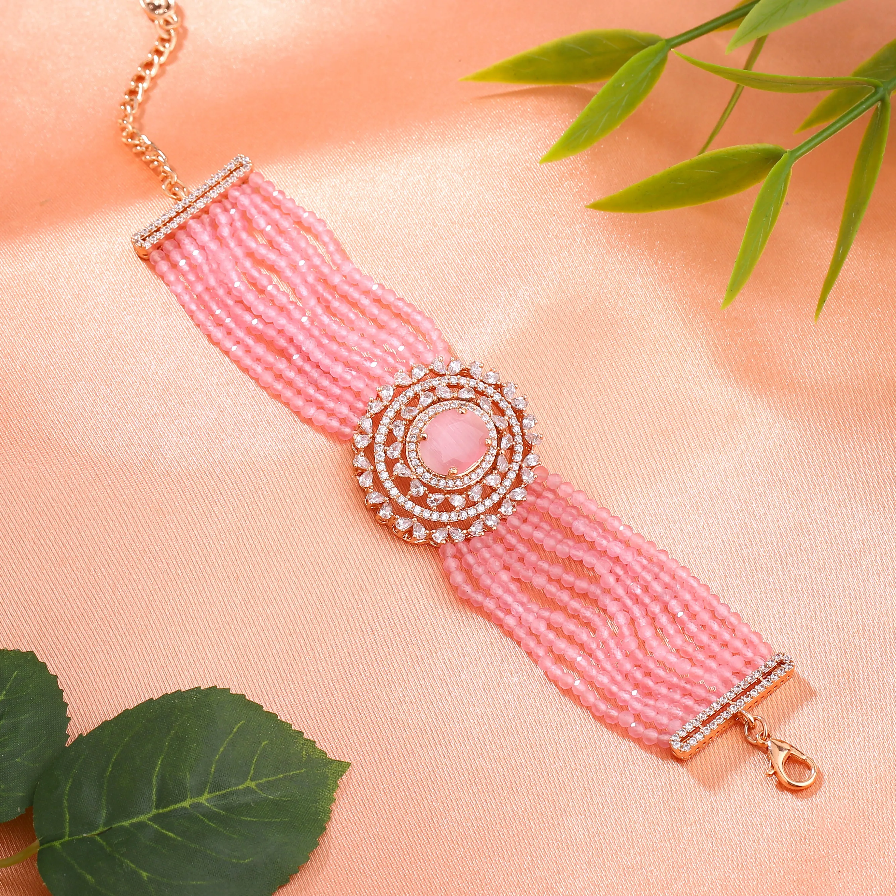 Estele Rosegold Plated CZ Sparkling Multi-Layered Bracelet with Mint Pink Stones for Women