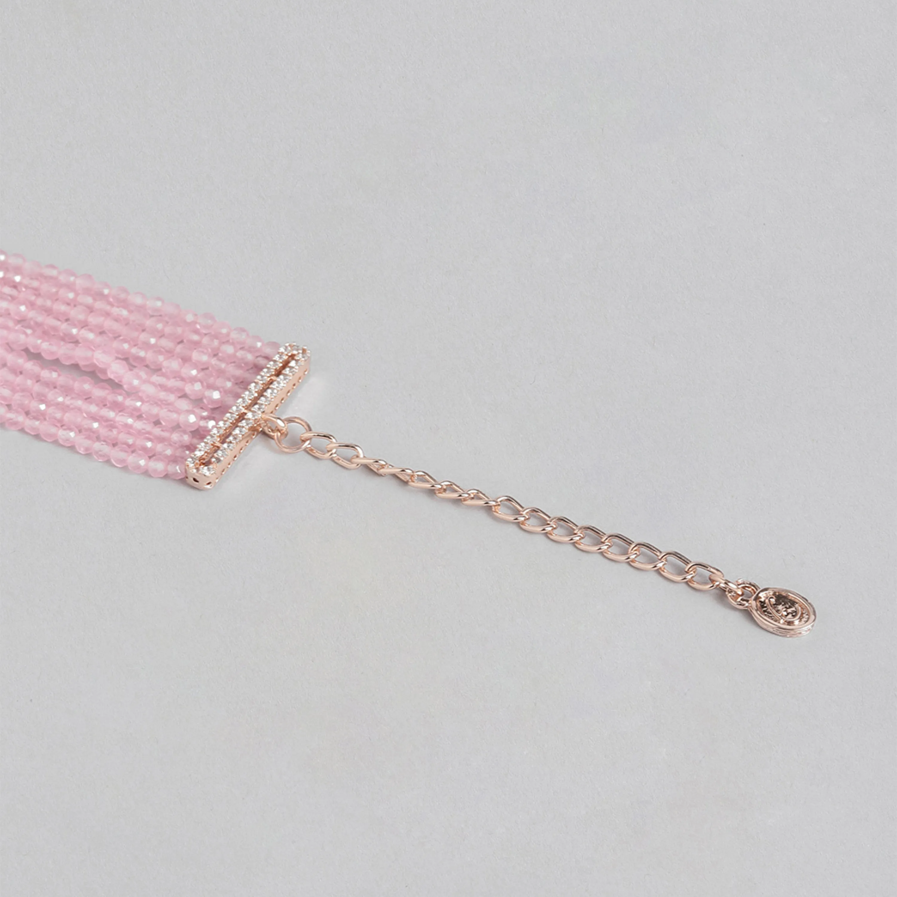 Estele Rosegold Plated CZ Sparkling Multi-Layered Bracelet with Mint Pink Stones for Women