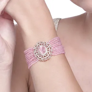 Estele Rosegold Plated CZ Sparkling Multi-Layered Bracelet with Mint Pink Stones for Women