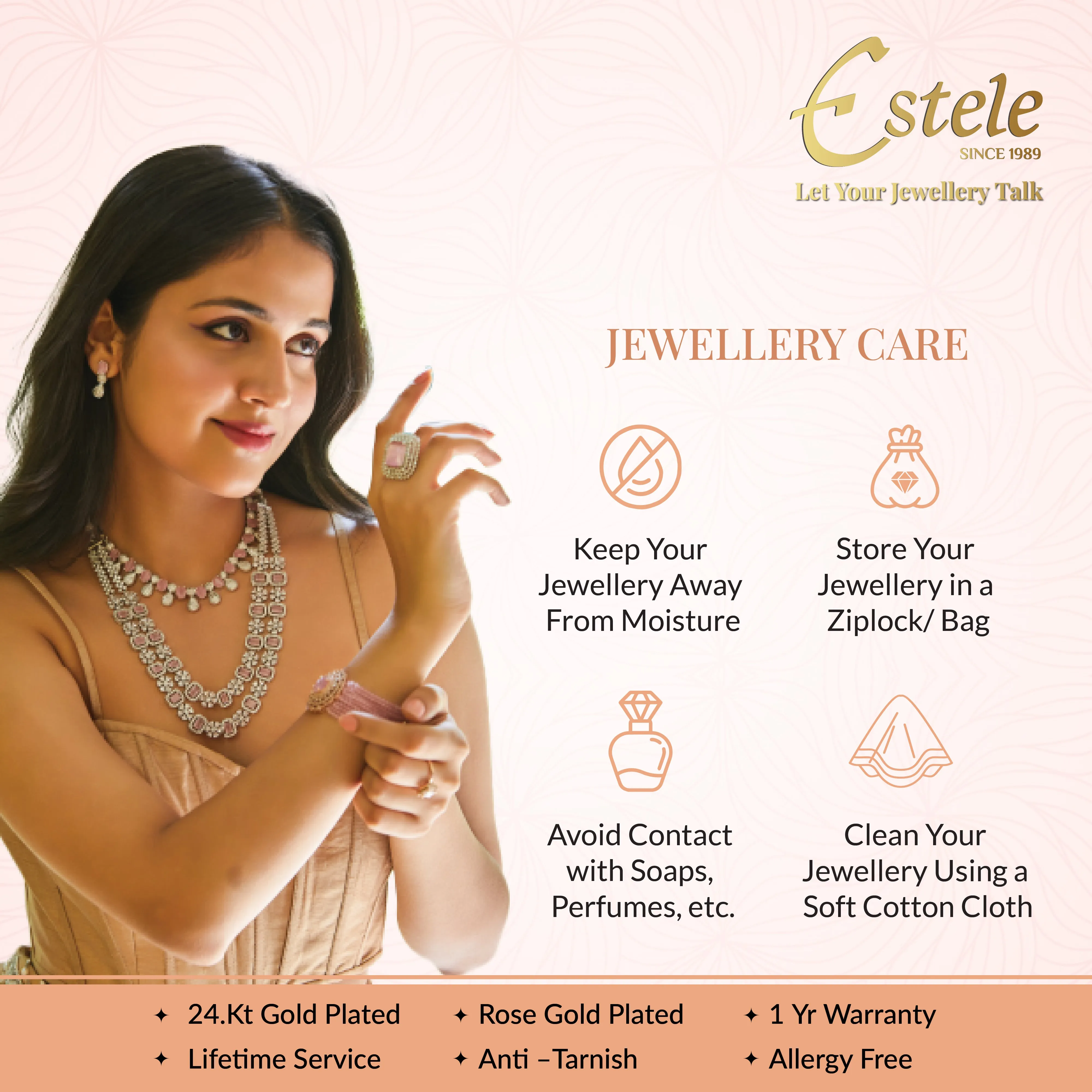 Estele Rosegold Plated CZ Sparkling Multi-Layered Bracelet with Mint Pink Stones for Women