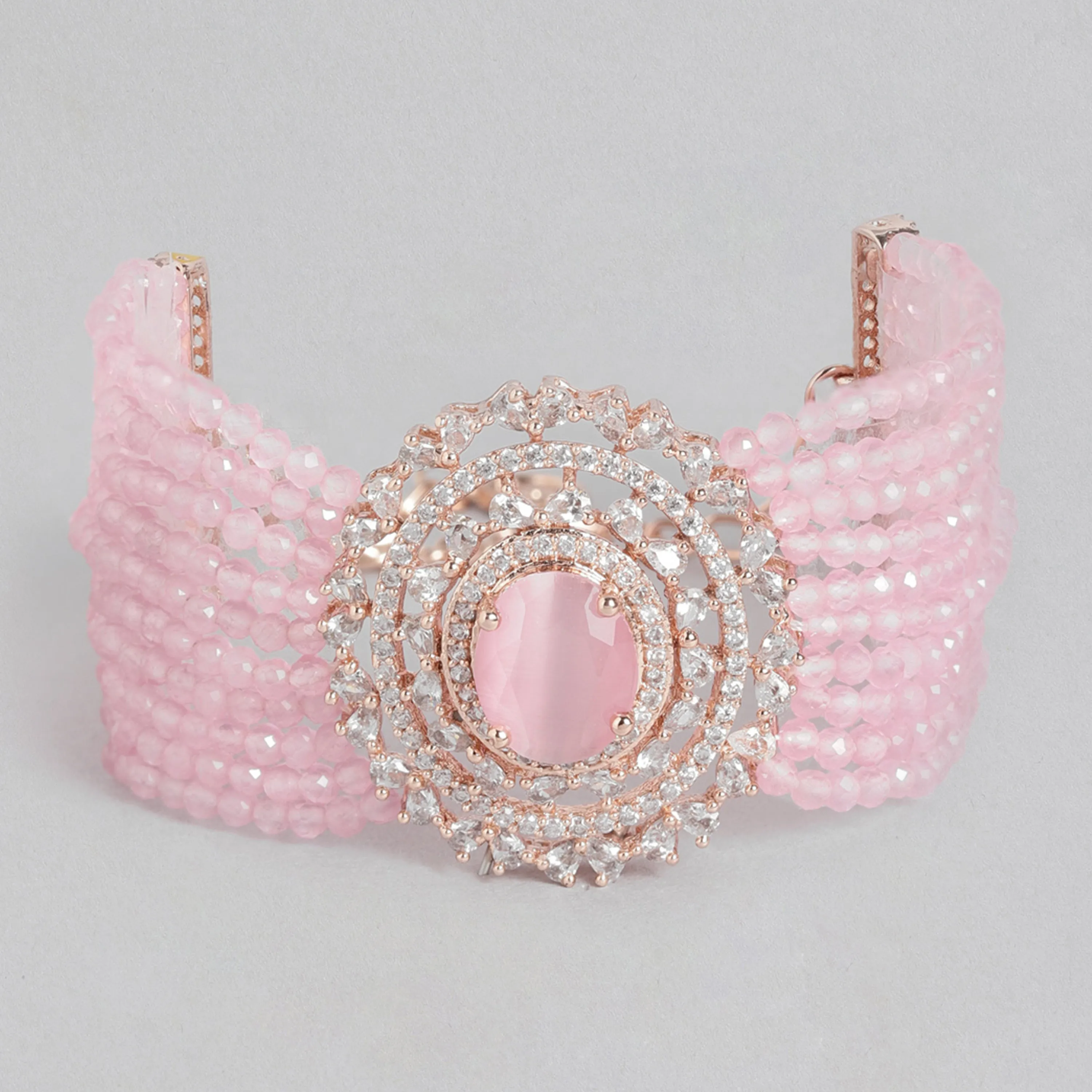 Estele Rosegold Plated CZ Sparkling Multi-Layered Bracelet with Mint Pink Stones for Women