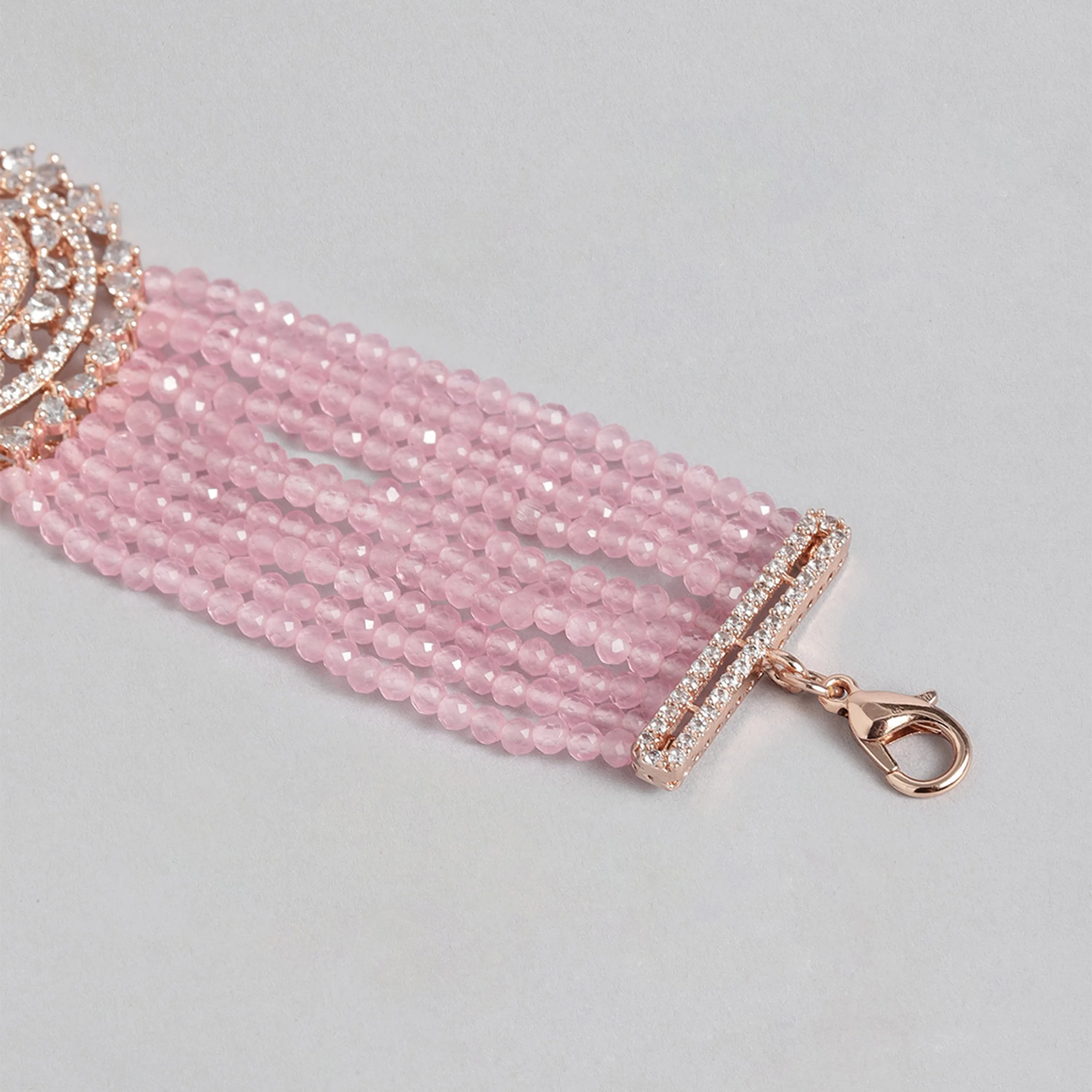 Estele Rosegold Plated CZ Sparkling Multi-Layered Bracelet with Mint Pink Stones for Women