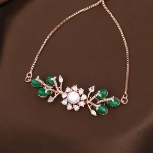 Estele Rosegold Plated Leafy Bloom Designer Adjustable Varya Bracelet with Green Beads for Women|A Perfect Blend of Nature & Style
