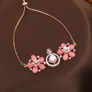 Estele Rosegold Plated Modern Minimlistic Floral Beaded Adjustable Varya Bracelet with Mint Pink Beads for Women