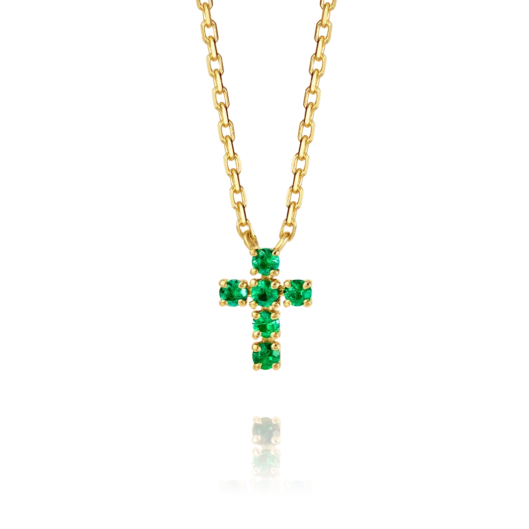 Extra Small Green Emerald Cross Pendant Yellow Gold