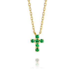 Extra Small Green Emerald Cross Pendant Yellow Gold
