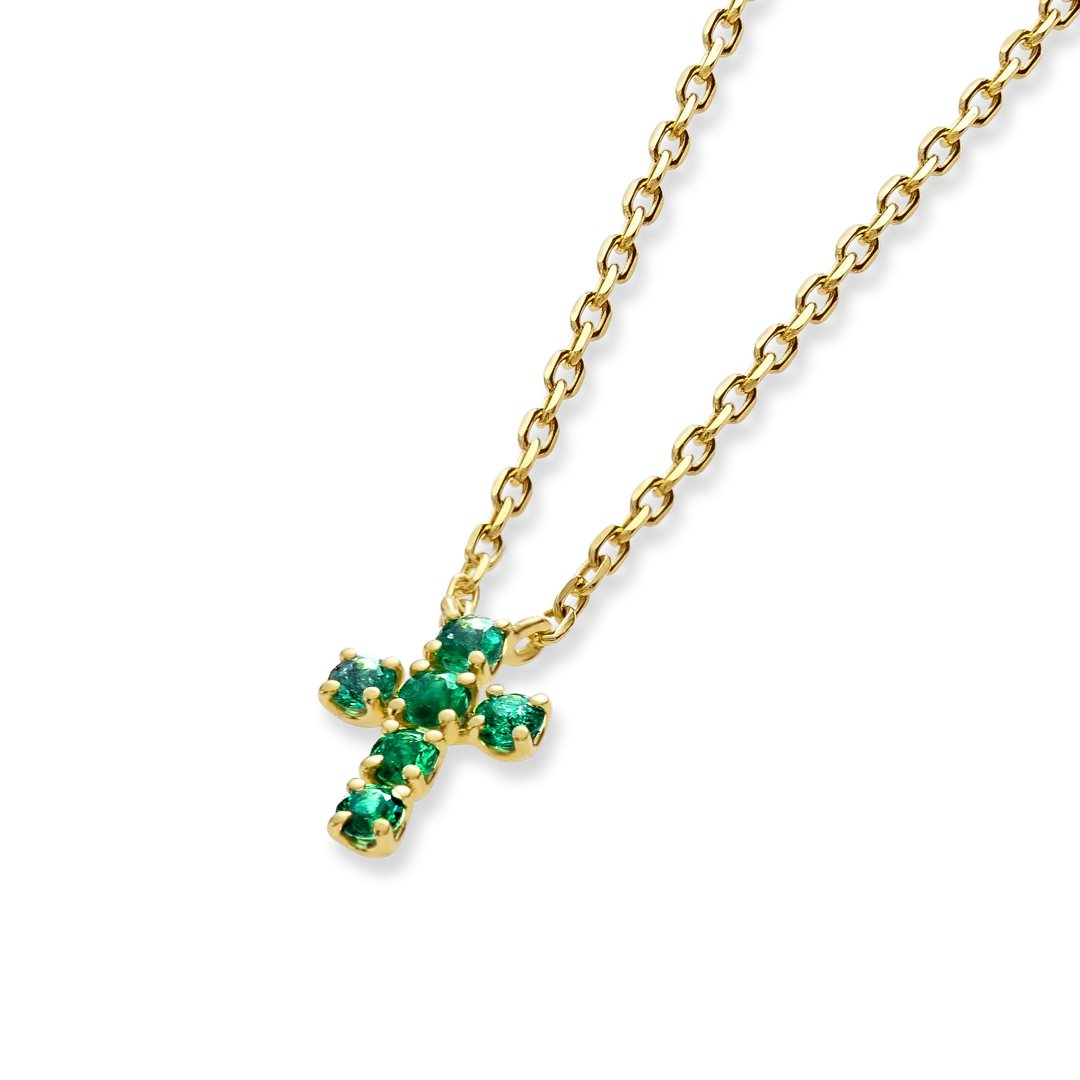 Extra Small Green Emerald Cross Pendant Yellow Gold
