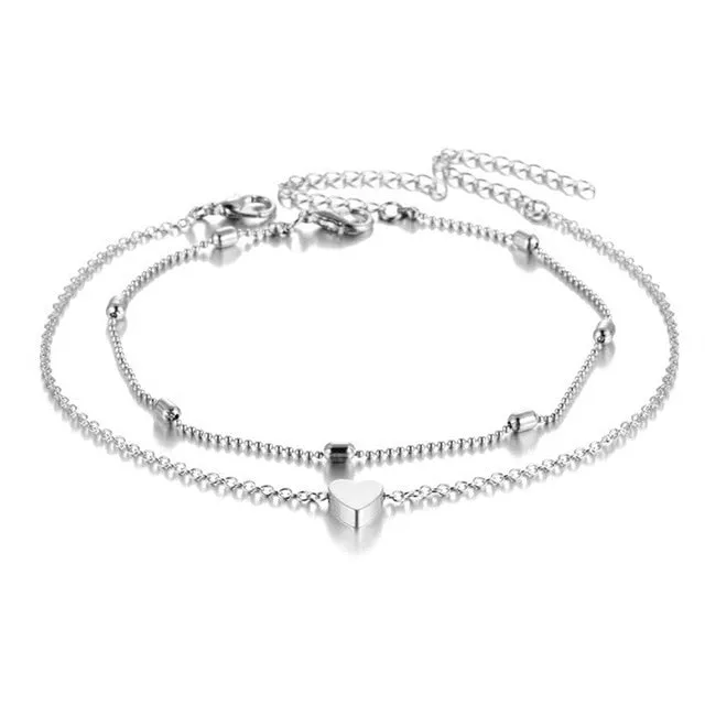 FAMSHIN Women Anklets Heart Barefoot Crochet Sandals Foot Jewelry Two Layer Foot Legs Bracelet Anklets
