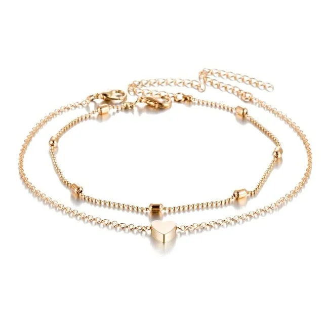 FAMSHIN Women Anklets Heart Barefoot Crochet Sandals Foot Jewelry Two Layer Foot Legs Bracelet Anklets