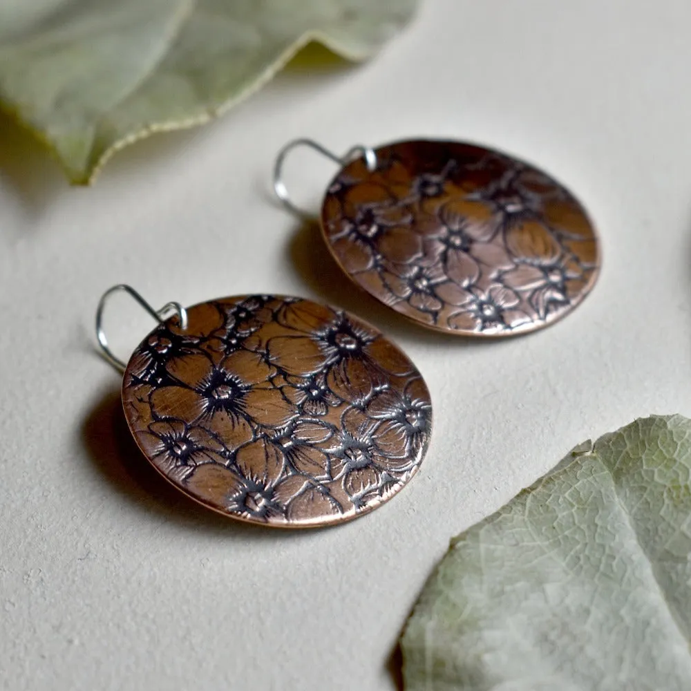 Floral Field Large Copper Disc Drop Earrings