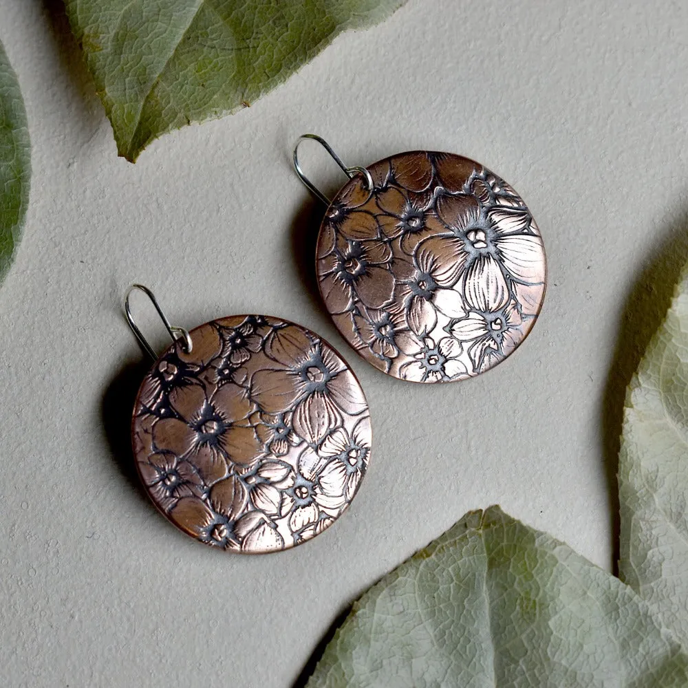 Floral Field Large Copper Disc Drop Earrings
