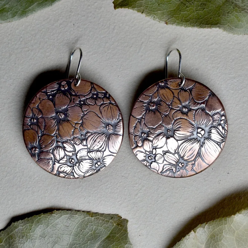 Floral Field Large Copper Disc Drop Earrings