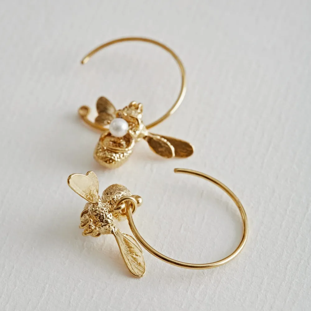 Flying Bee with Pearl Hoop Earrings