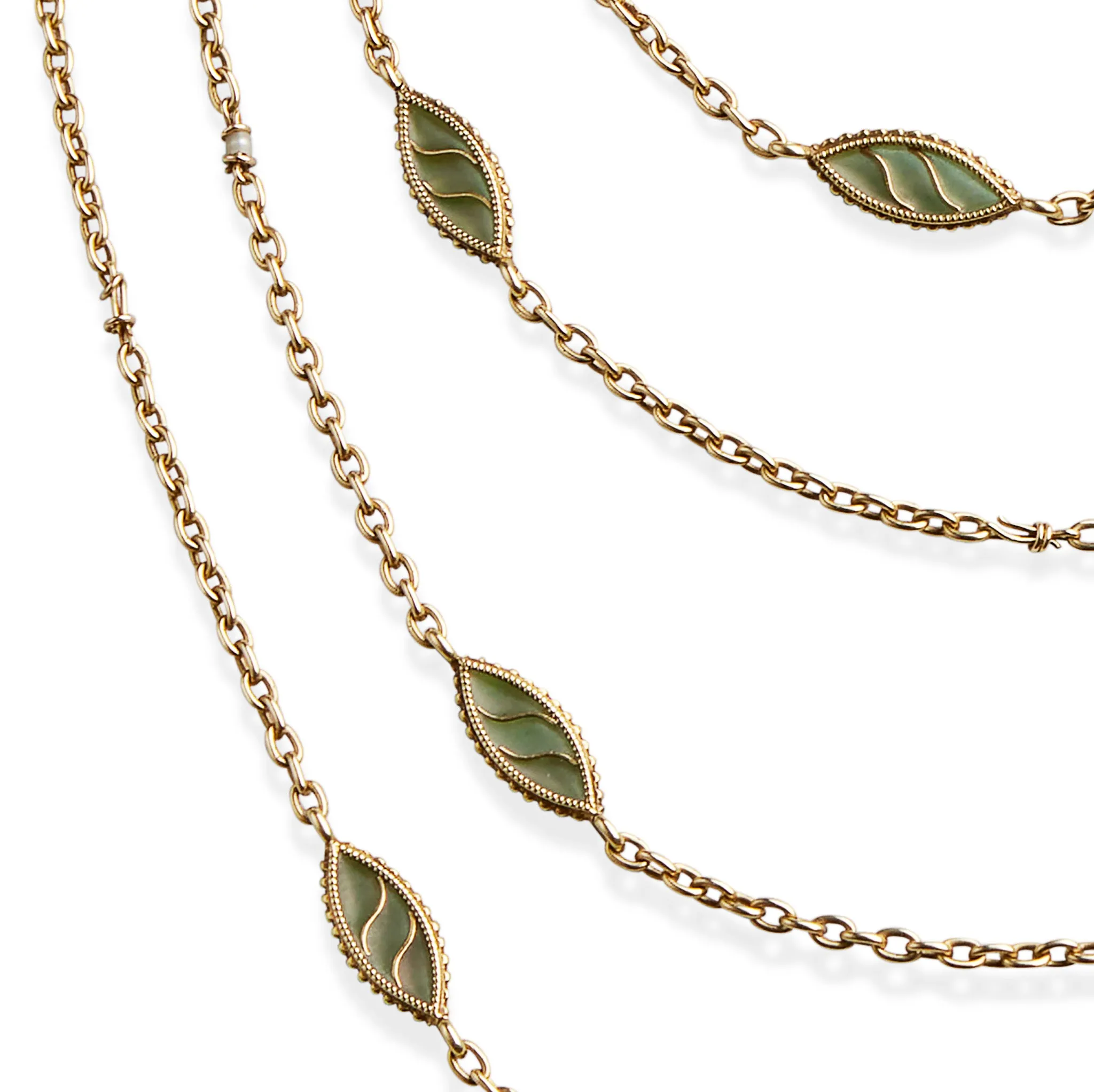 French Art Nouveau 18K Gold and Plique-??-jour Enamel Longchain Necklace