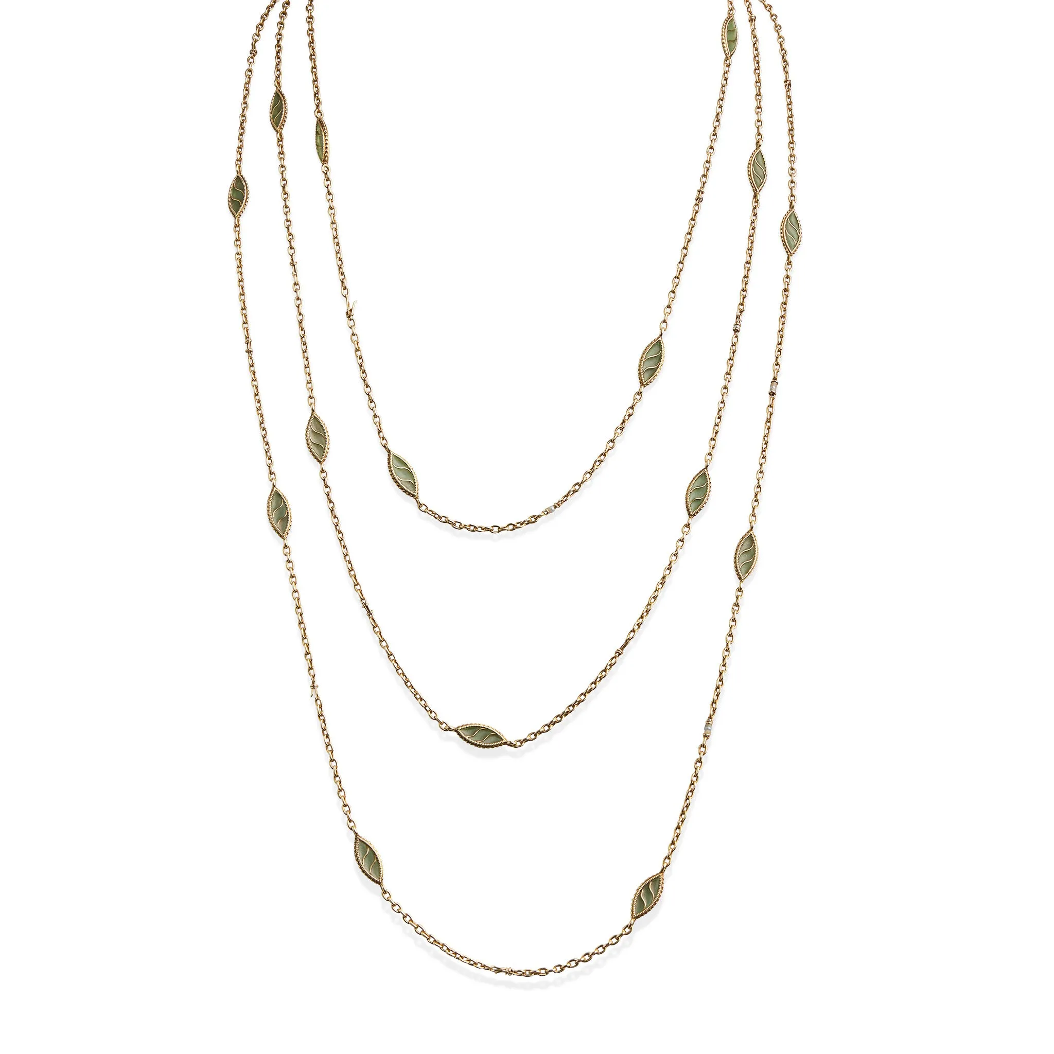 French Art Nouveau 18K Gold and Plique-??-jour Enamel Longchain Necklace
