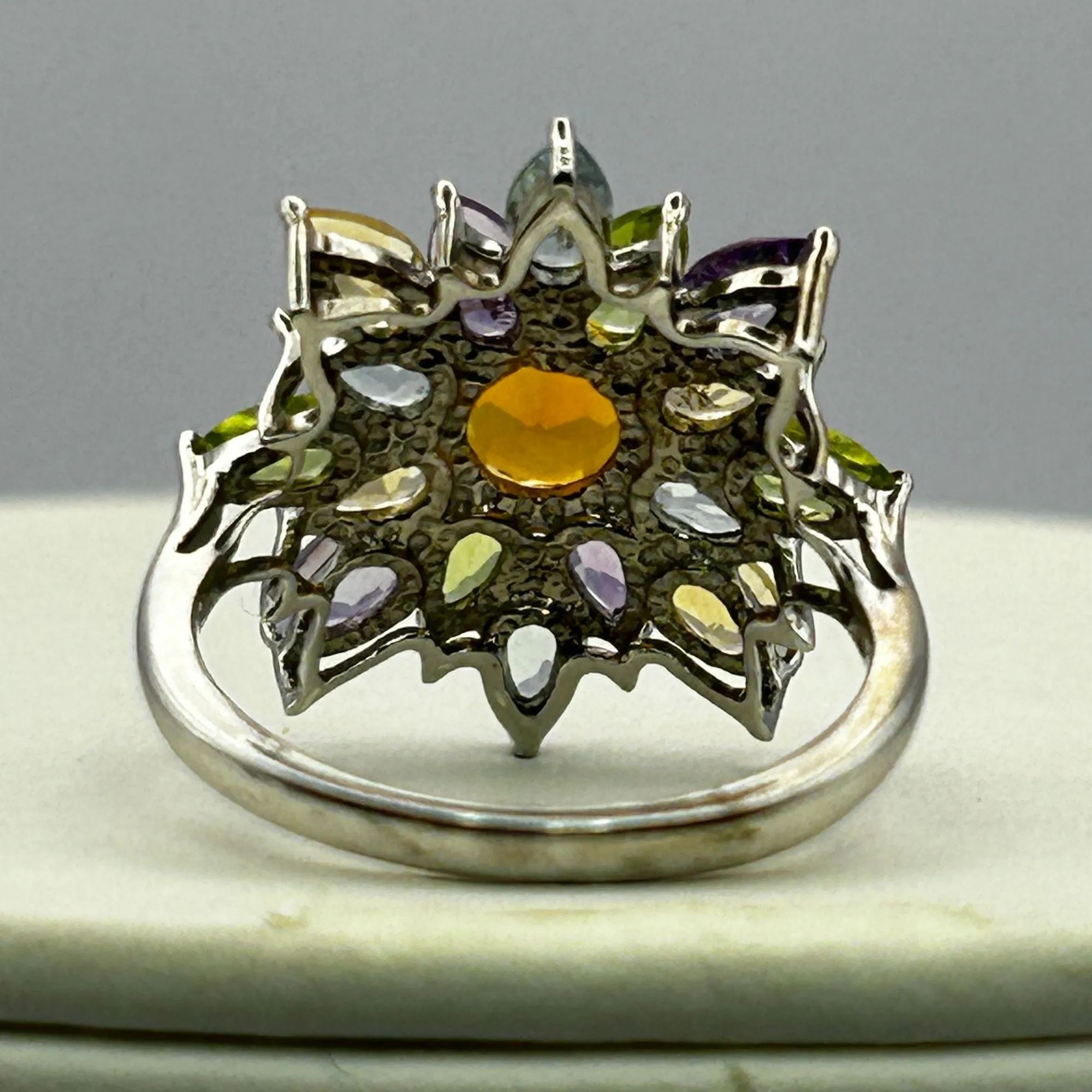 Gemstone Flower Ring Opal, Amethyst, Peridot, Golden Citrine, Blue Topaz SIZE 8