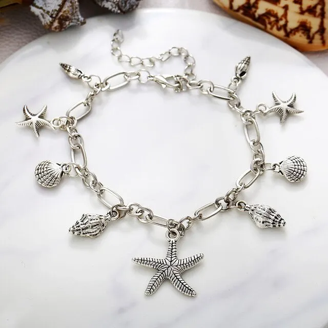 Glossy Silver Ocean Starfish Conch Ms. Anklet Alloy Material Romantic Beach Anklet Ladies Jewelry Personality Gift