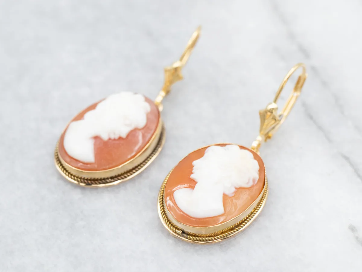 Gold Mid Century Cameo Drop Earrings
