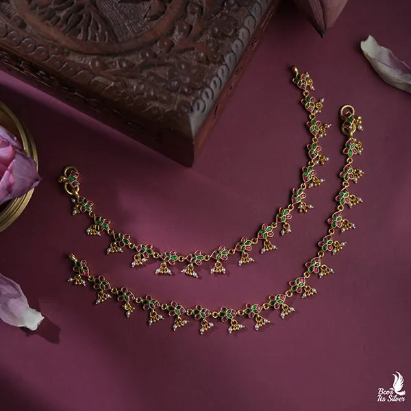 Gold Pleated Kundan Anklet - 0493