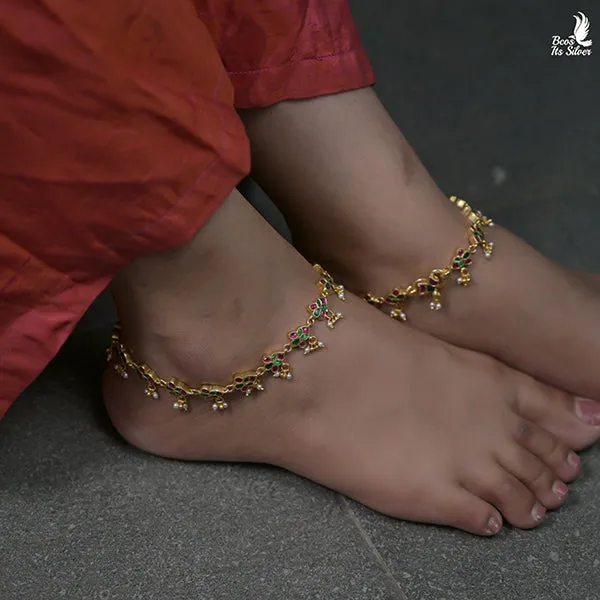 Gold Pleated Kundan Anklet - 0493