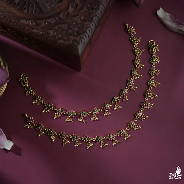 Gold Pleated Kundan Anklet - 0493