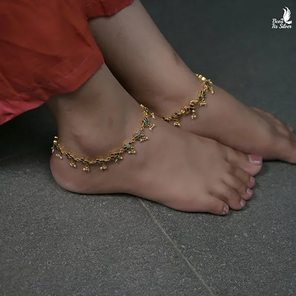 Gold Pleated Kundan Anklet - 0493