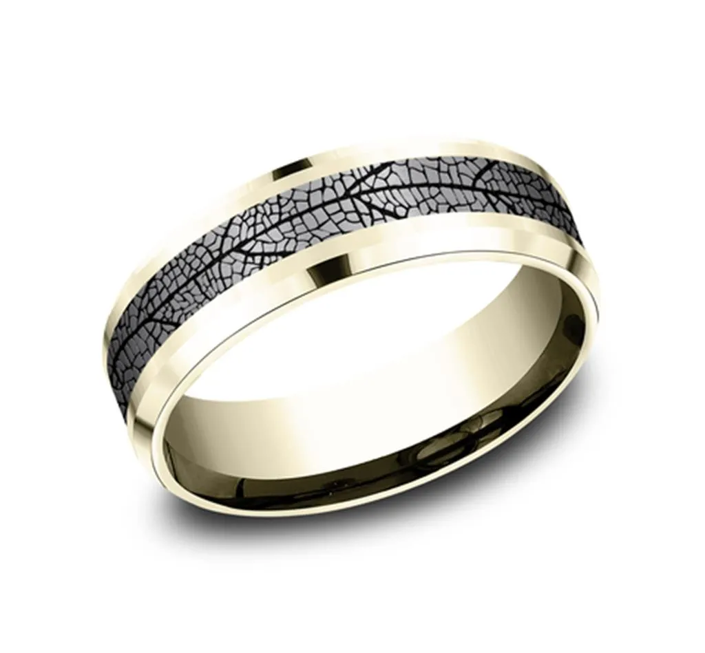 Gray Tantalum And 14K Yellow Gold ??The Bryce?? Leaf Patterned 7mm Wedding Band