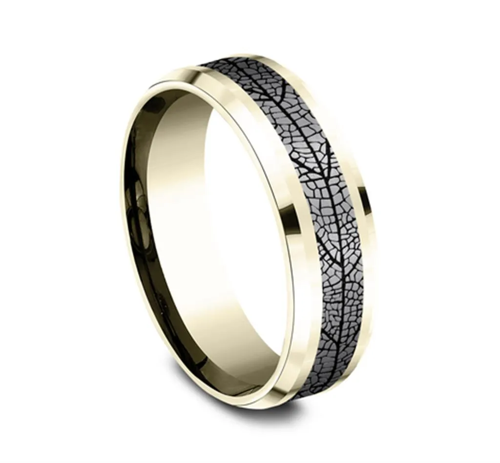 Gray Tantalum And 14K Yellow Gold ??The Bryce?? Leaf Patterned 7mm Wedding Band