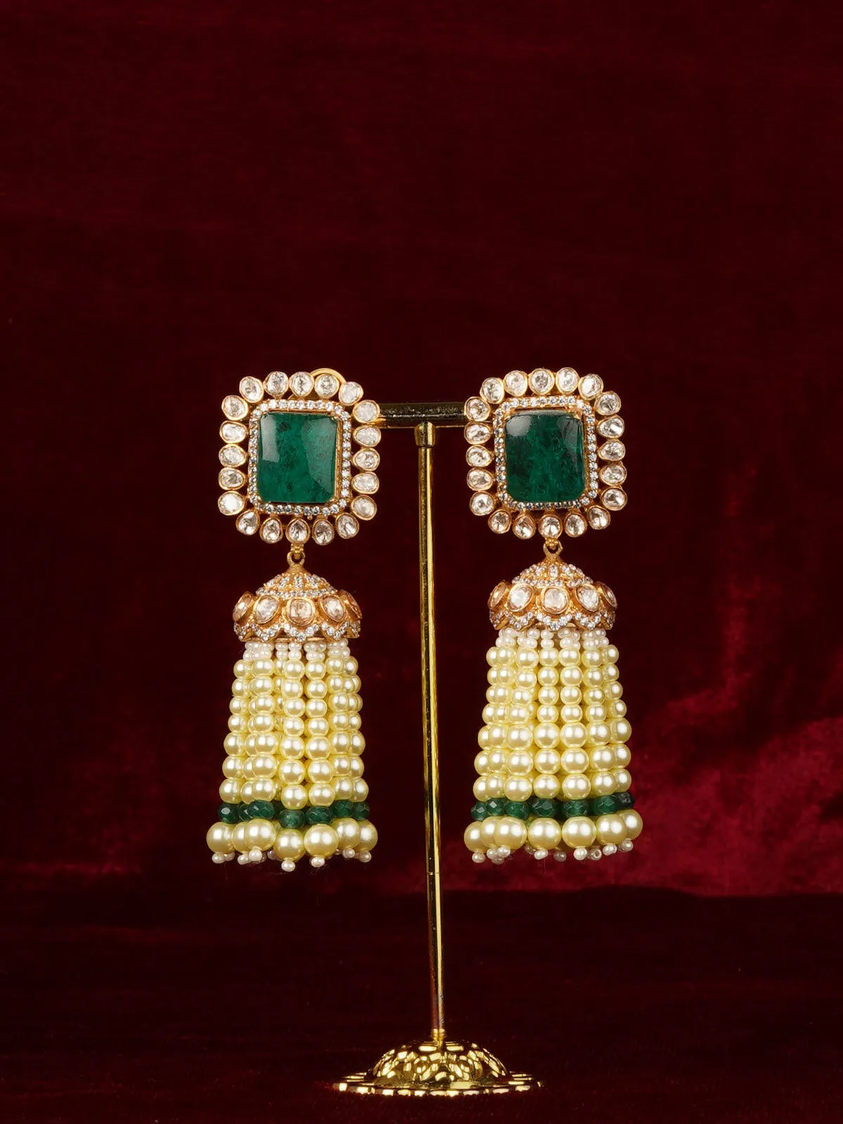 Green Color Gold Plated Faux Polki Earrings - PK-E119