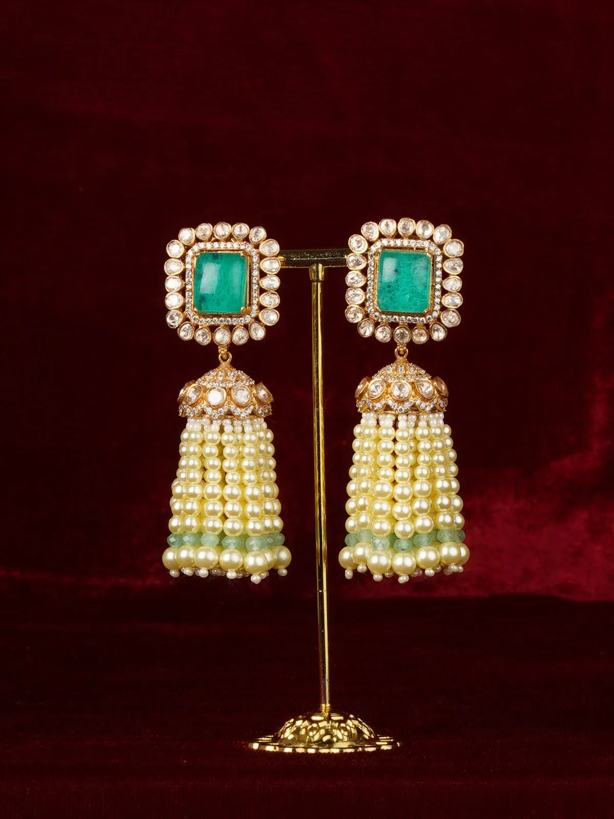 Green Color Gold Plated Faux Polki Earrings - PK-E119