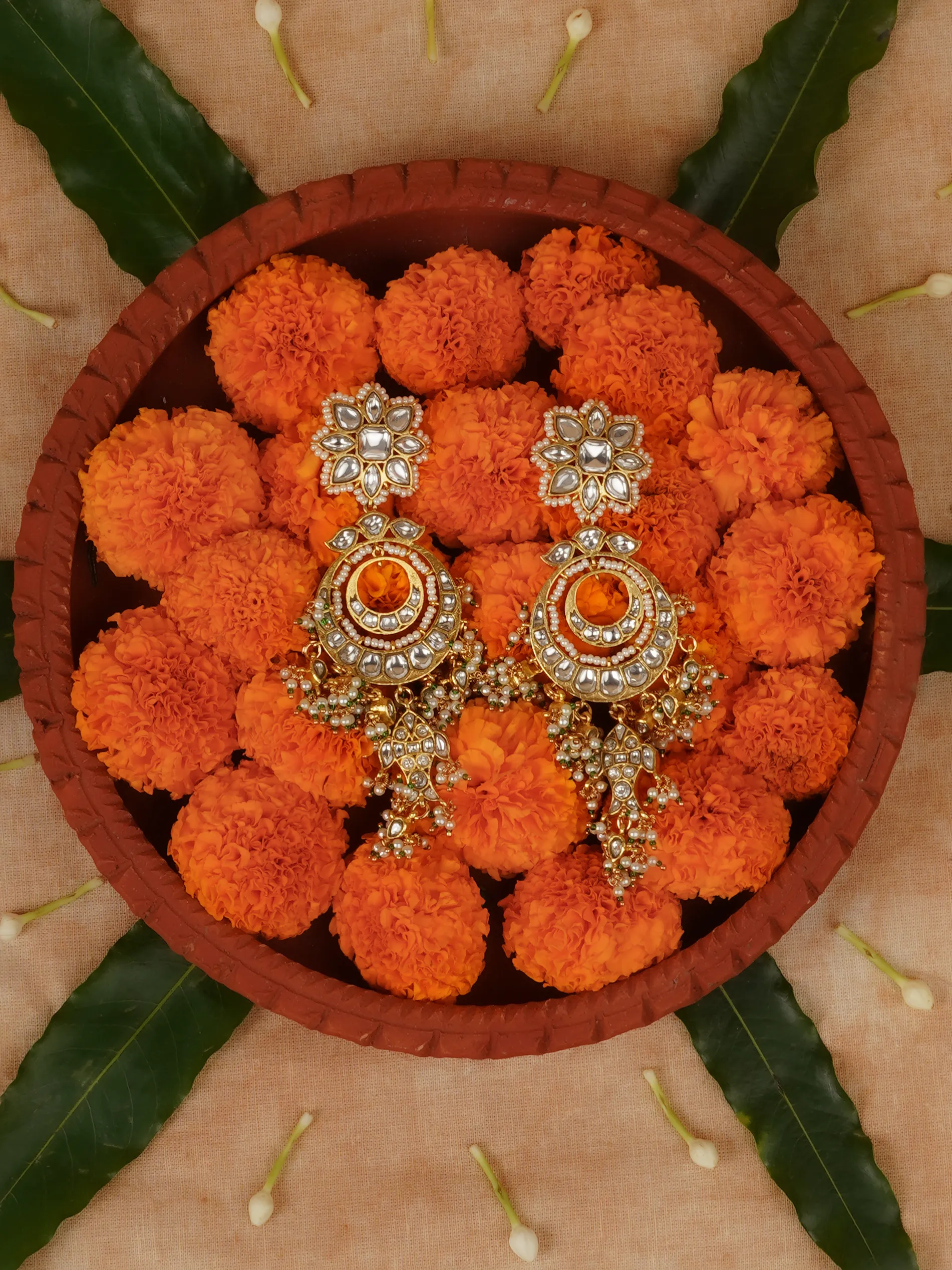 Green Color Gold Plated Jadau Kundan Earrings - ME1287